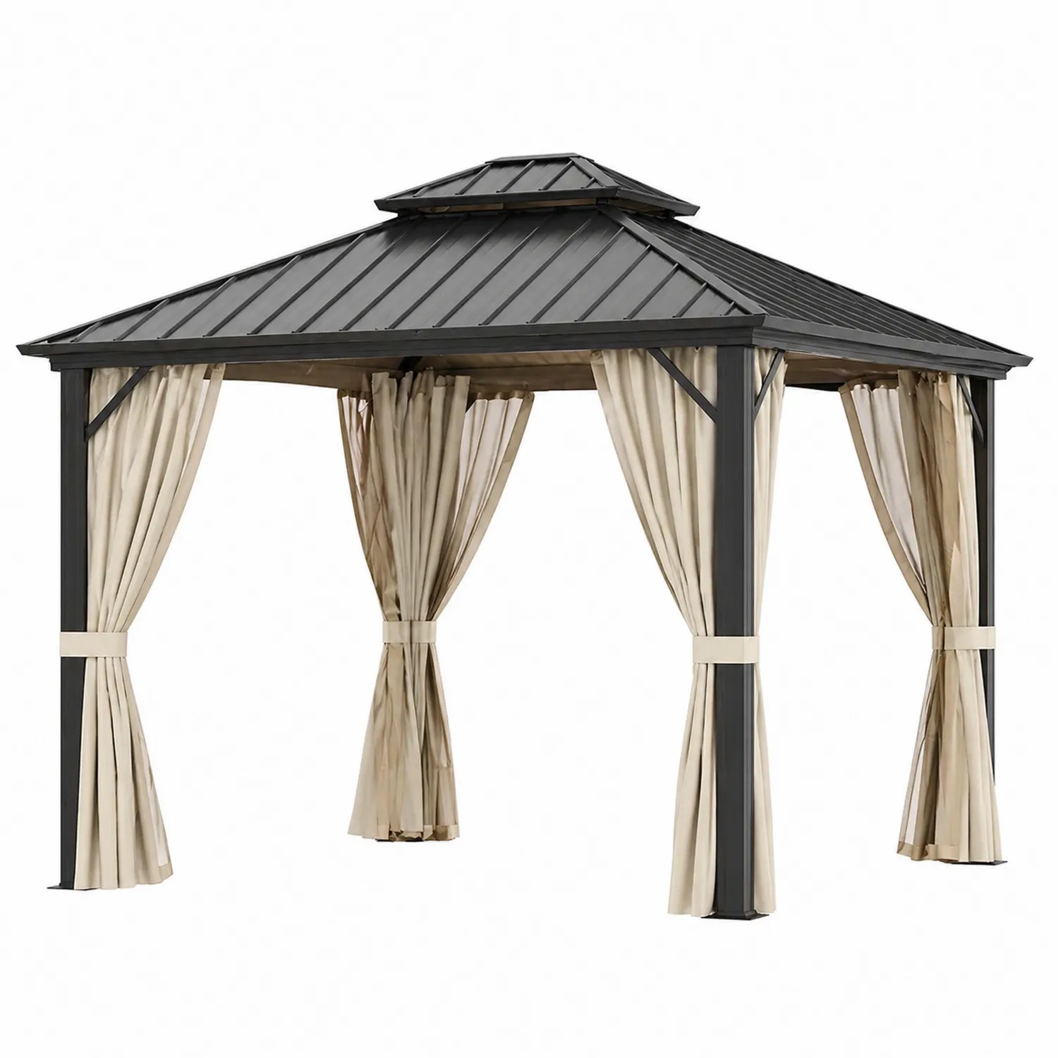 Pavillon en aluminium avec toit en acier et rideaux en polyester Beige