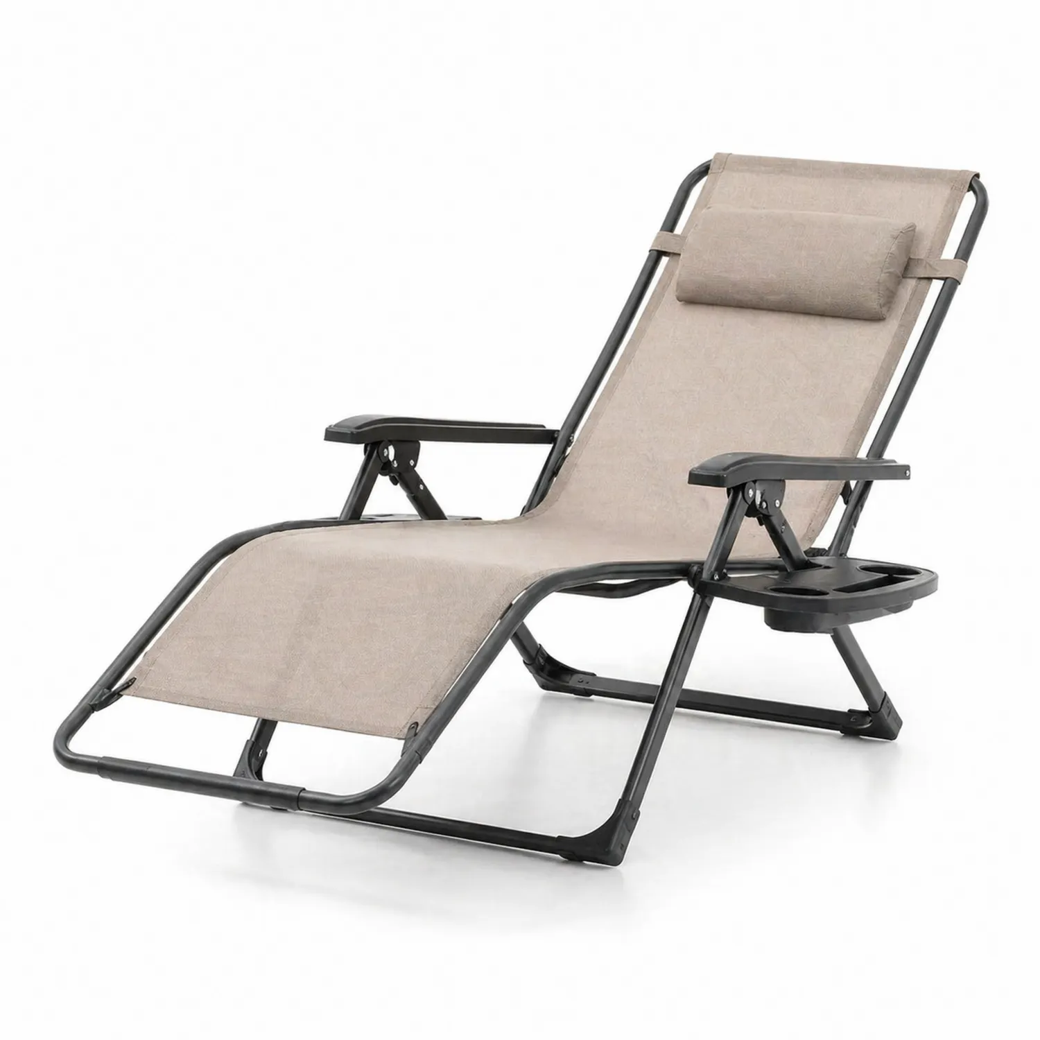 Chaise longue en métal et polyester beige avec appuie-tête