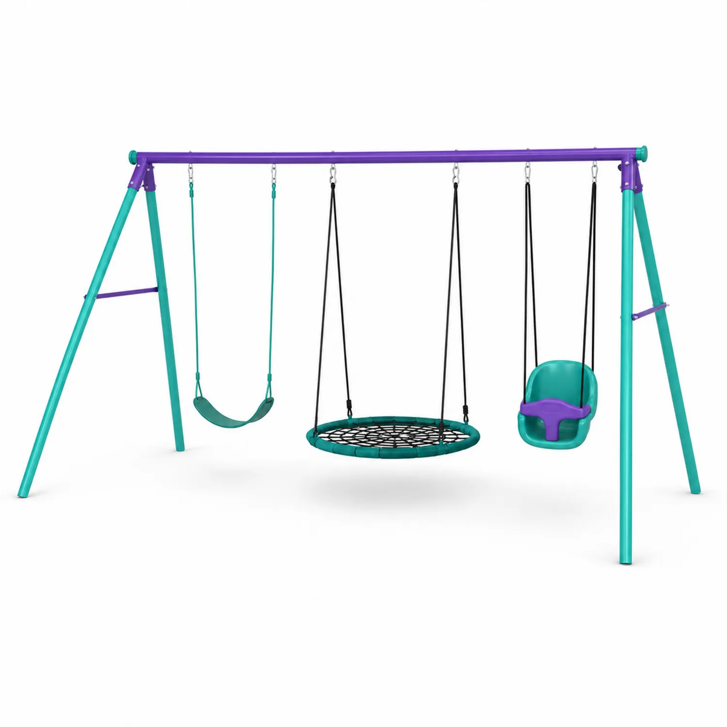 Ensemble de balançoires en métal avec siège bébé et balançoire nid 180 cm x 240 cm Turquoise/Violet