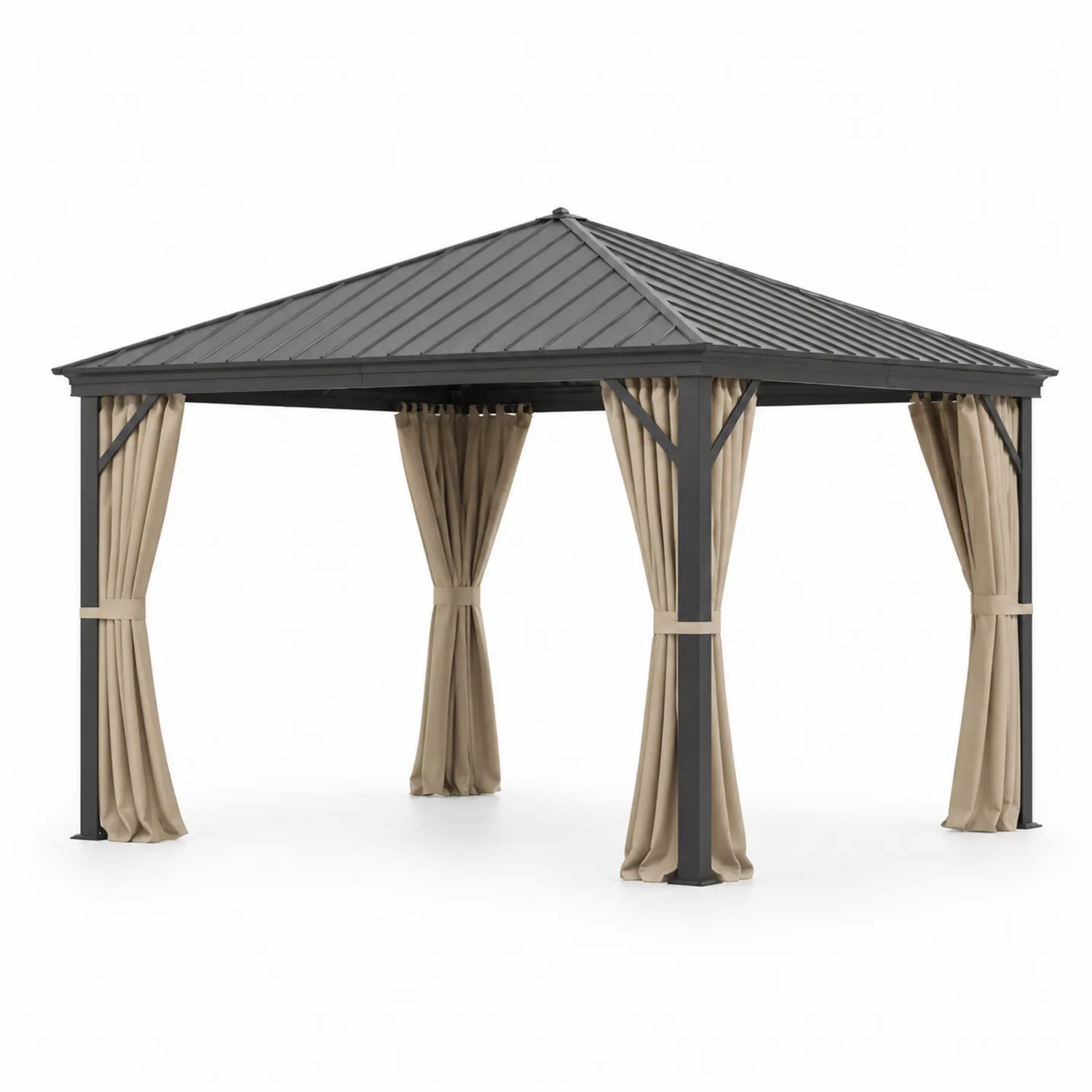 Pavillon en aluminium avec toit métallique et rideaux en polyester Noir et Beige 3x4m