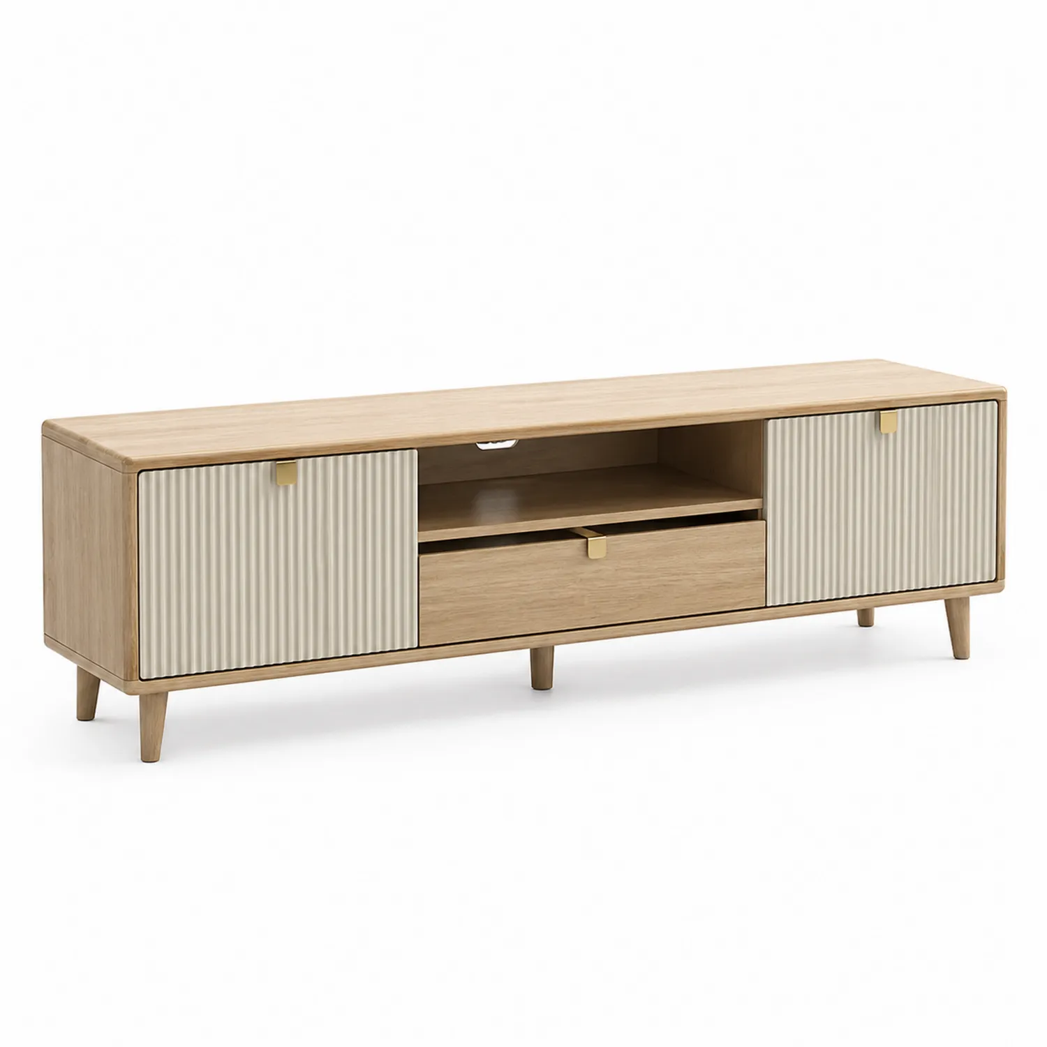 Meuble TV en bois avec portes et tiroir en chêne et beige 200x40x50 cm