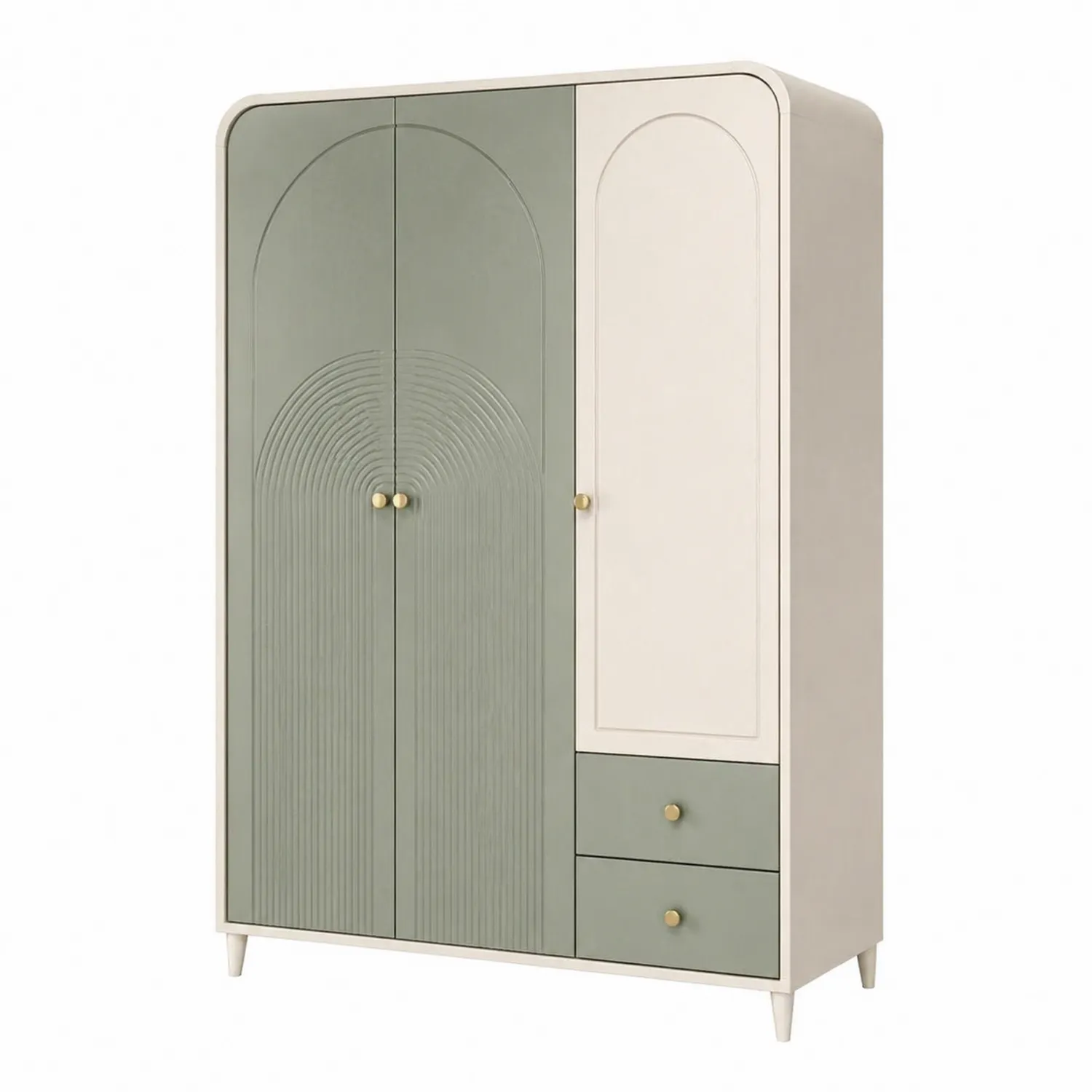 Armoire en bois MDF à trois portes avec tiroirs Vert et Crème