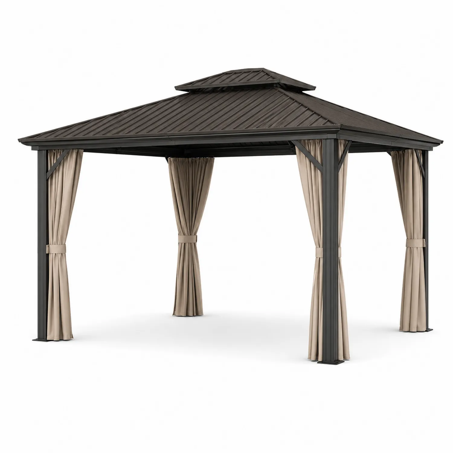 Pavillon de jardin en métal avec toit en polycarbonate et rideaux en polyester