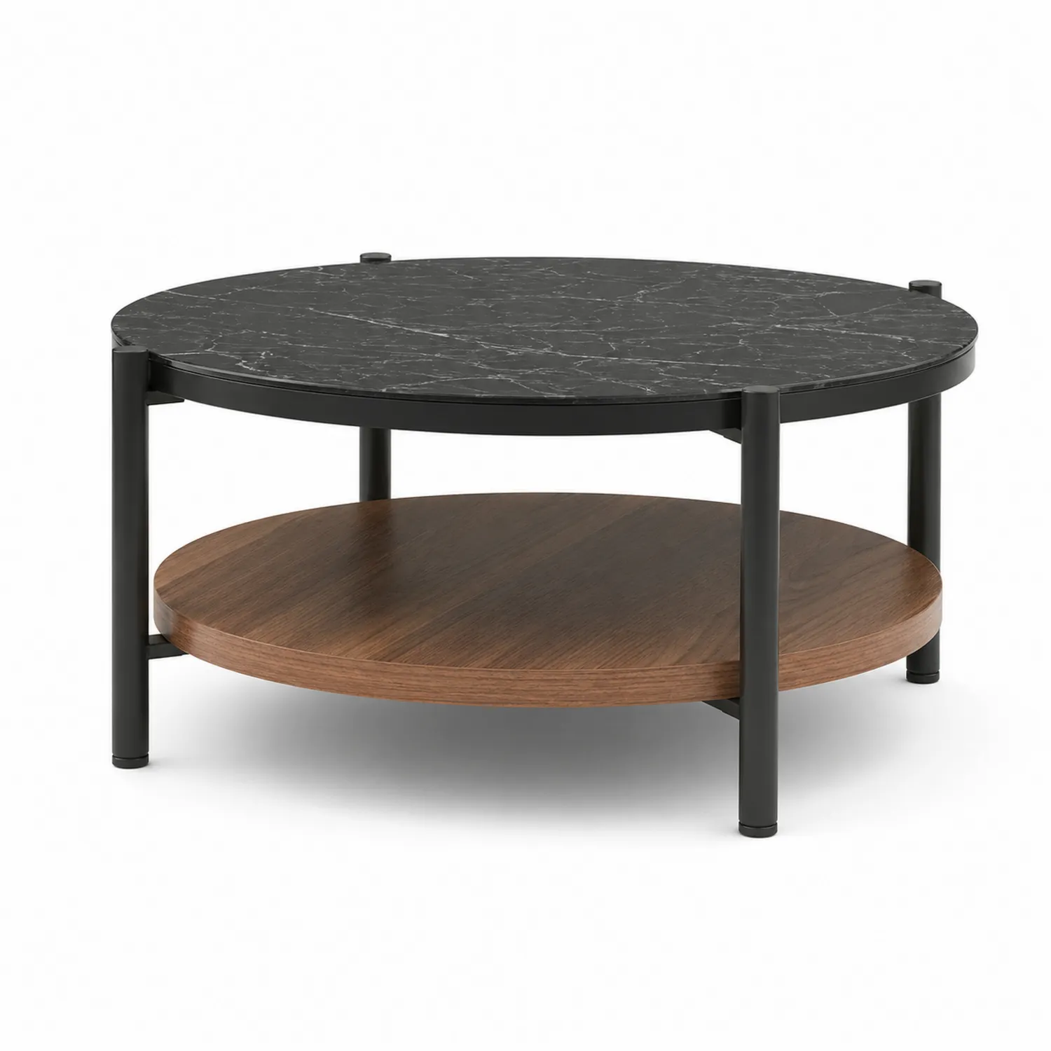 Table basse en marbre noir et noyer avec structure métallique