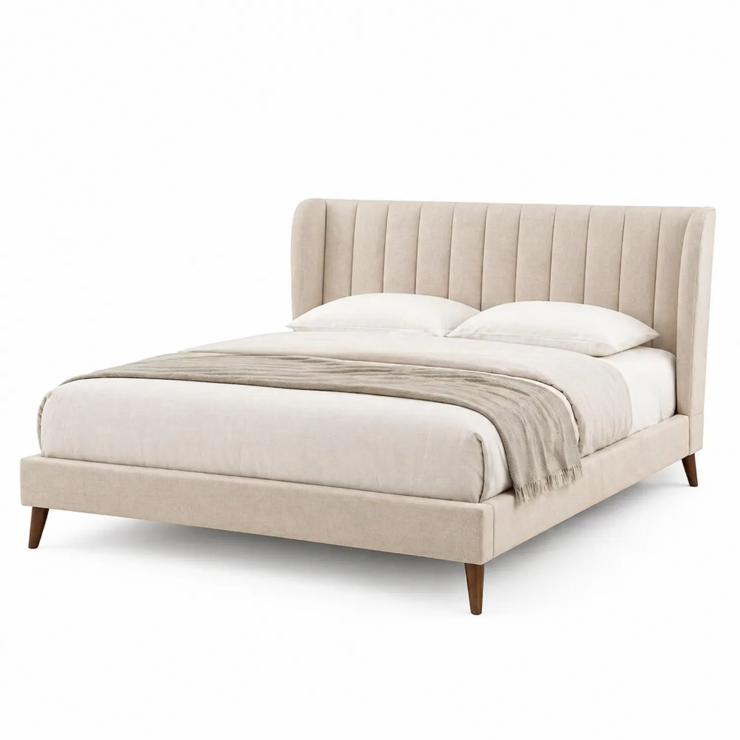 Lit double en bois et tissu Beige 160x200 cm