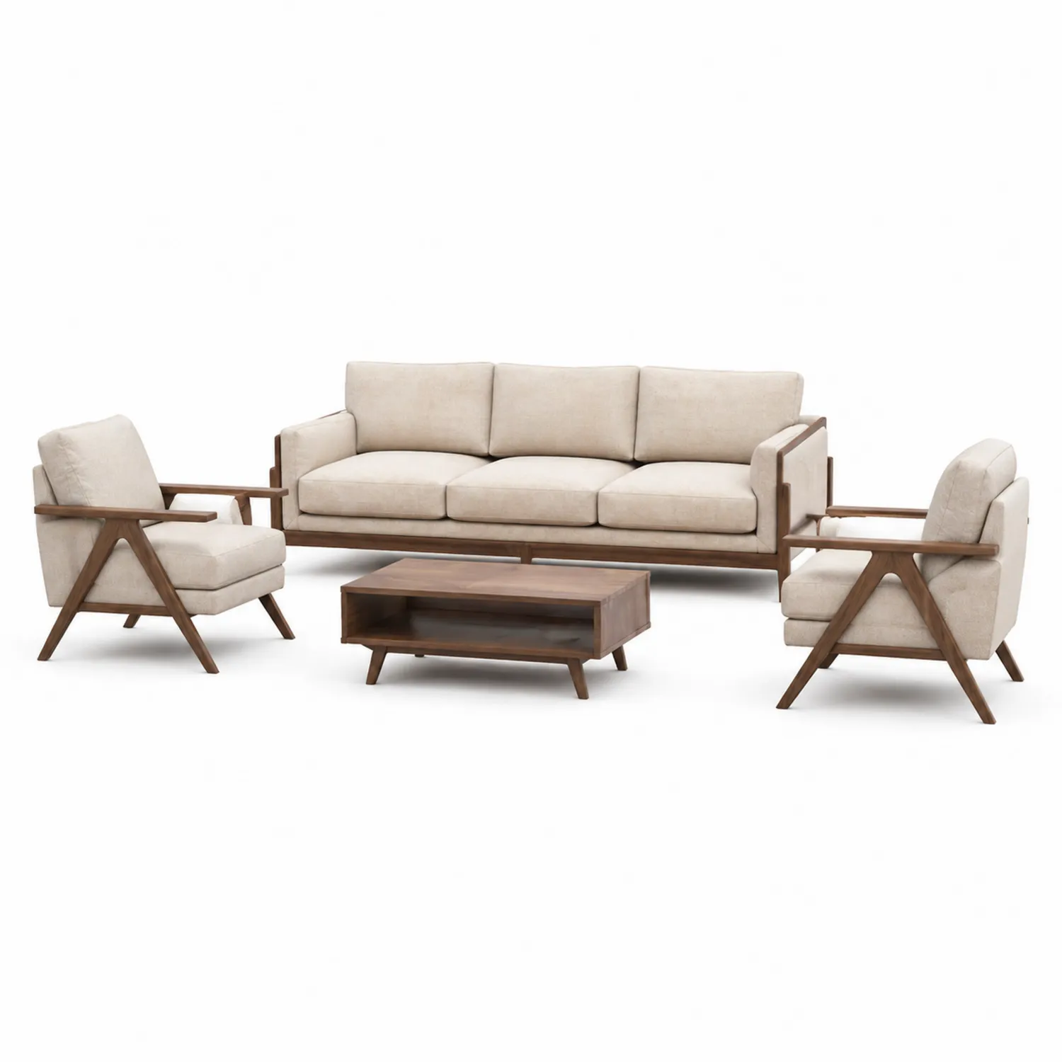 Ensemble de canapés en bois et tissu, Beige