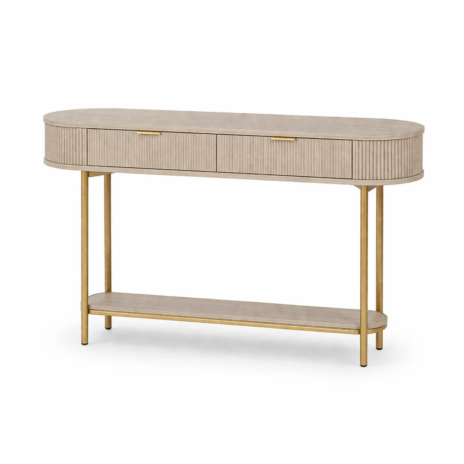 Console en bois composite avec pieds métalliques, 2 tiroirs, ovale, Beige/Doré
