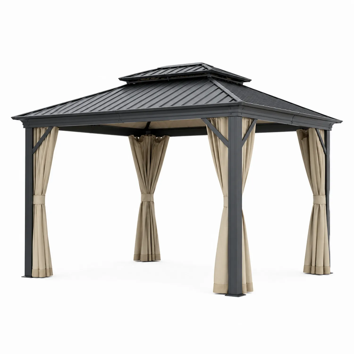 Pavillon de jardin en aluminium avec toit en acier et rideaux en polyester
