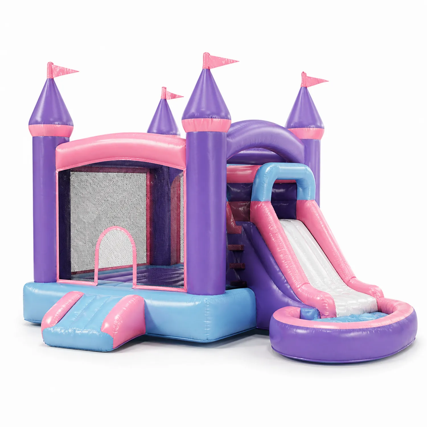 Château gonflable en PVC violet et rose avec toboggan