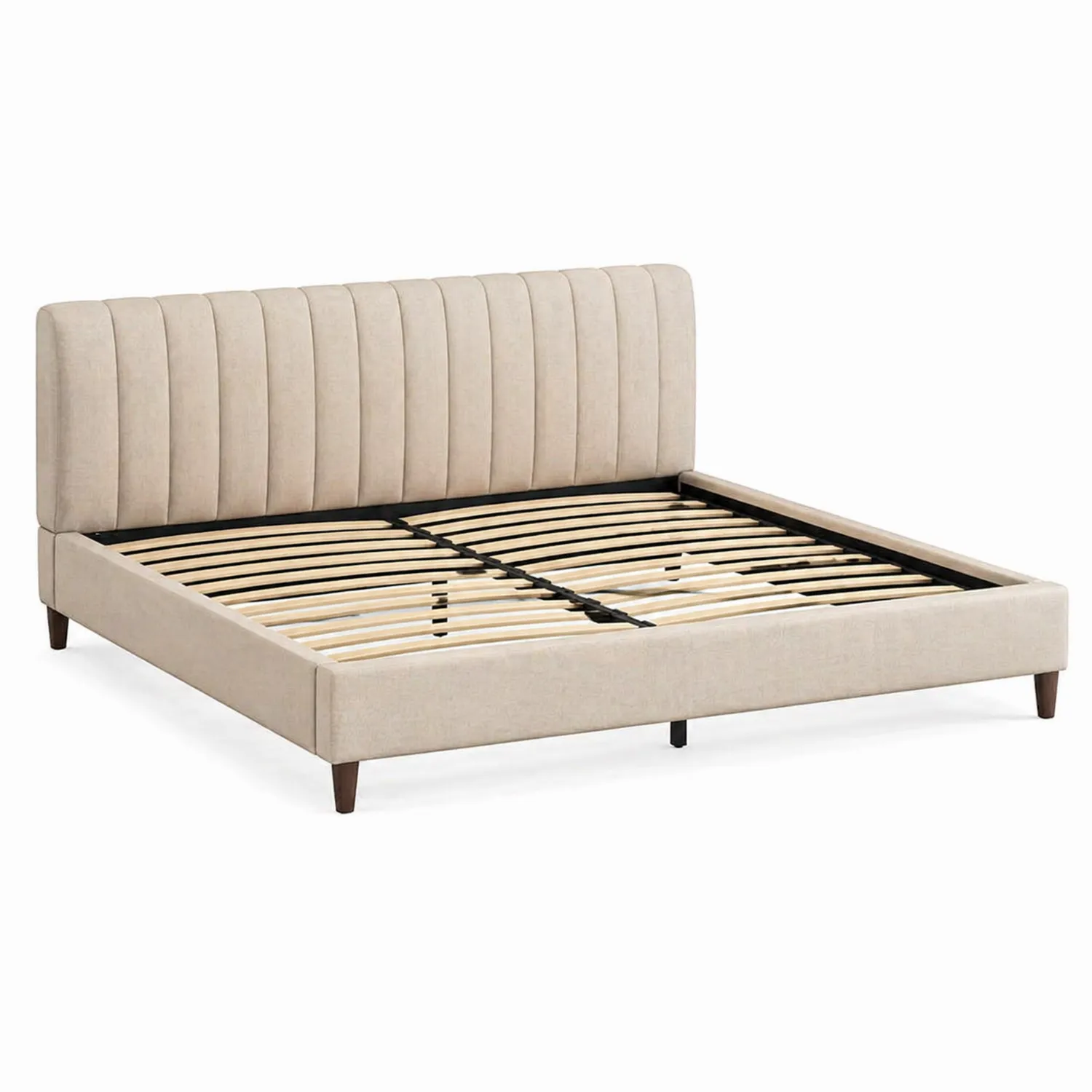 Lit double en bois et tissu beige avec sommier à lattes
