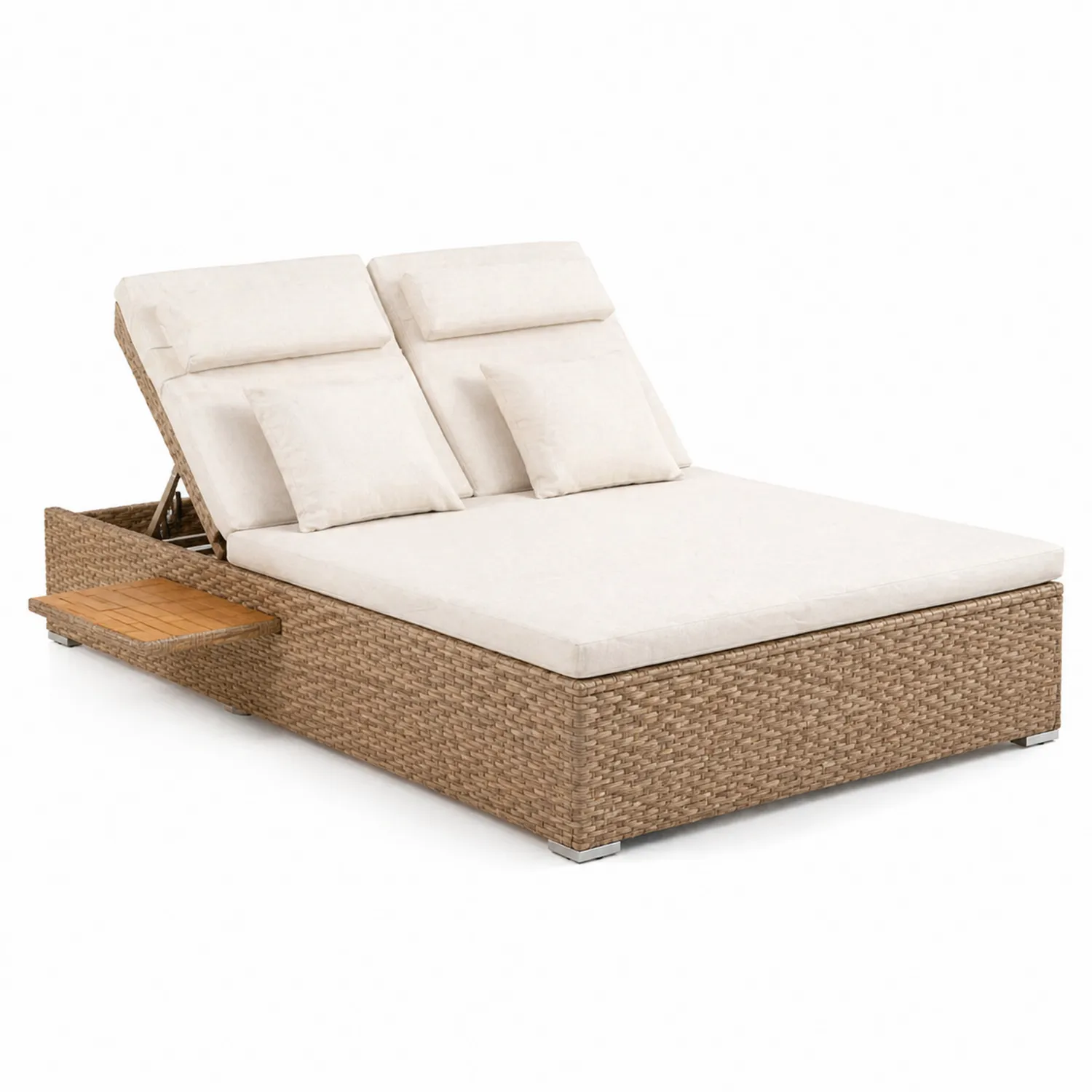 Chaise longue double en résine tressée avec coussins crème