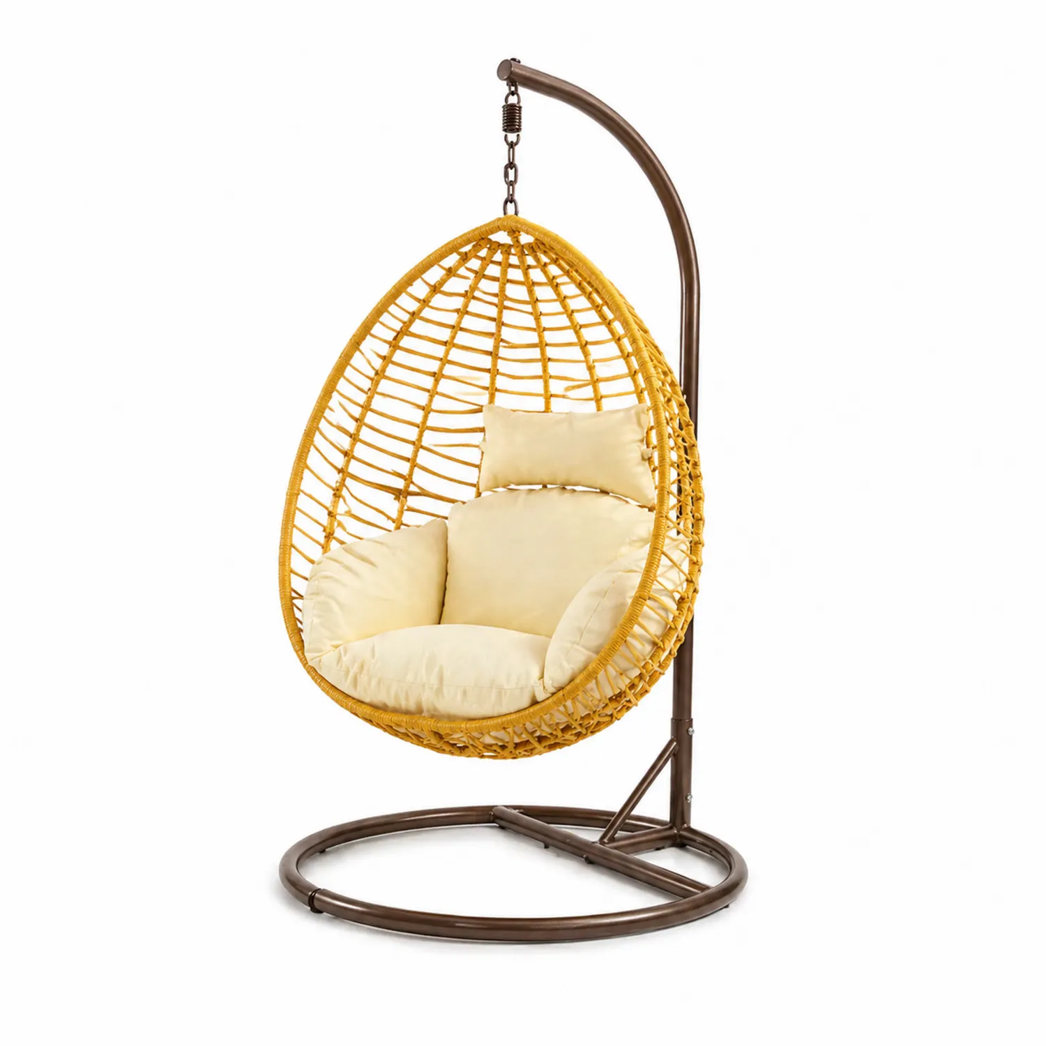Chaise suspendue en métal et osier avec coussins crème