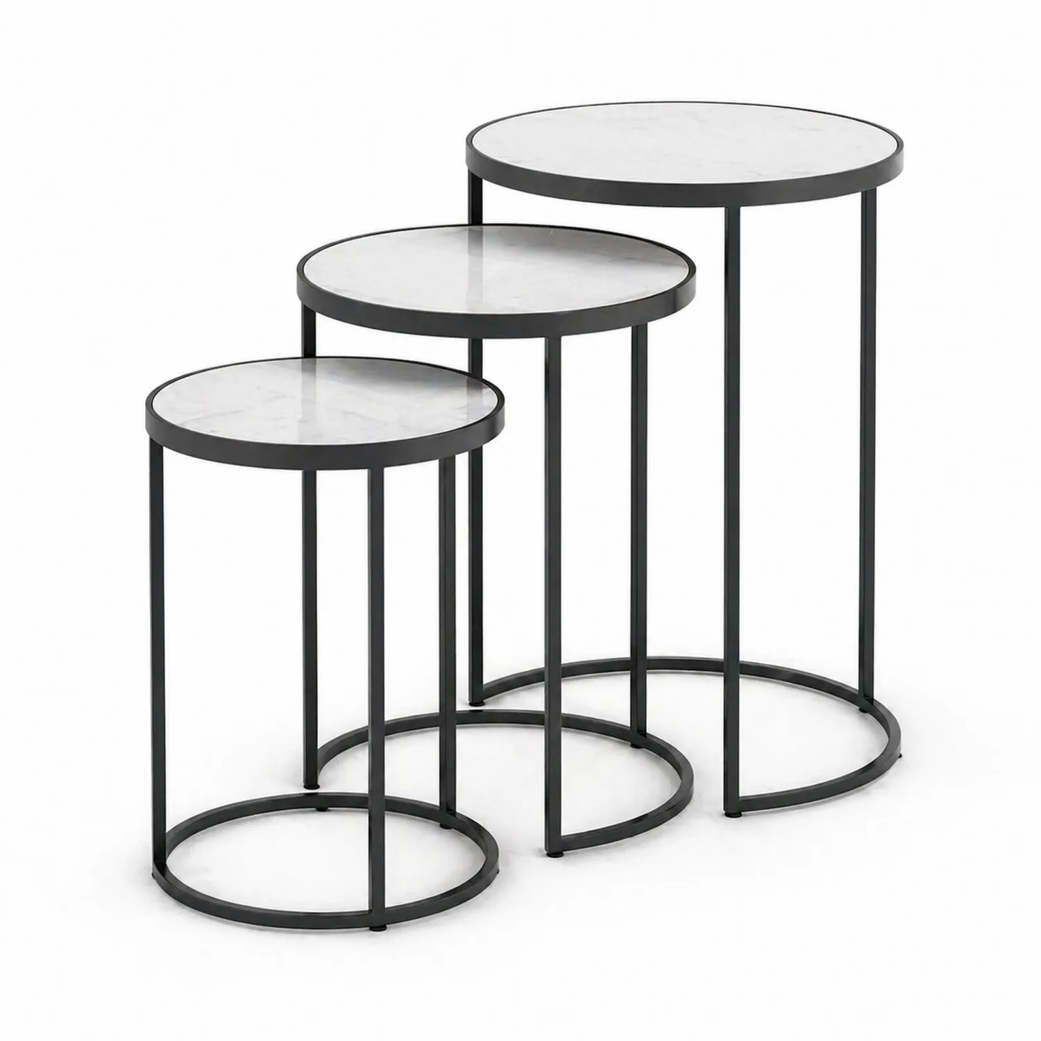 Lot de 3 tables d'appoint rondes en marbre et métal