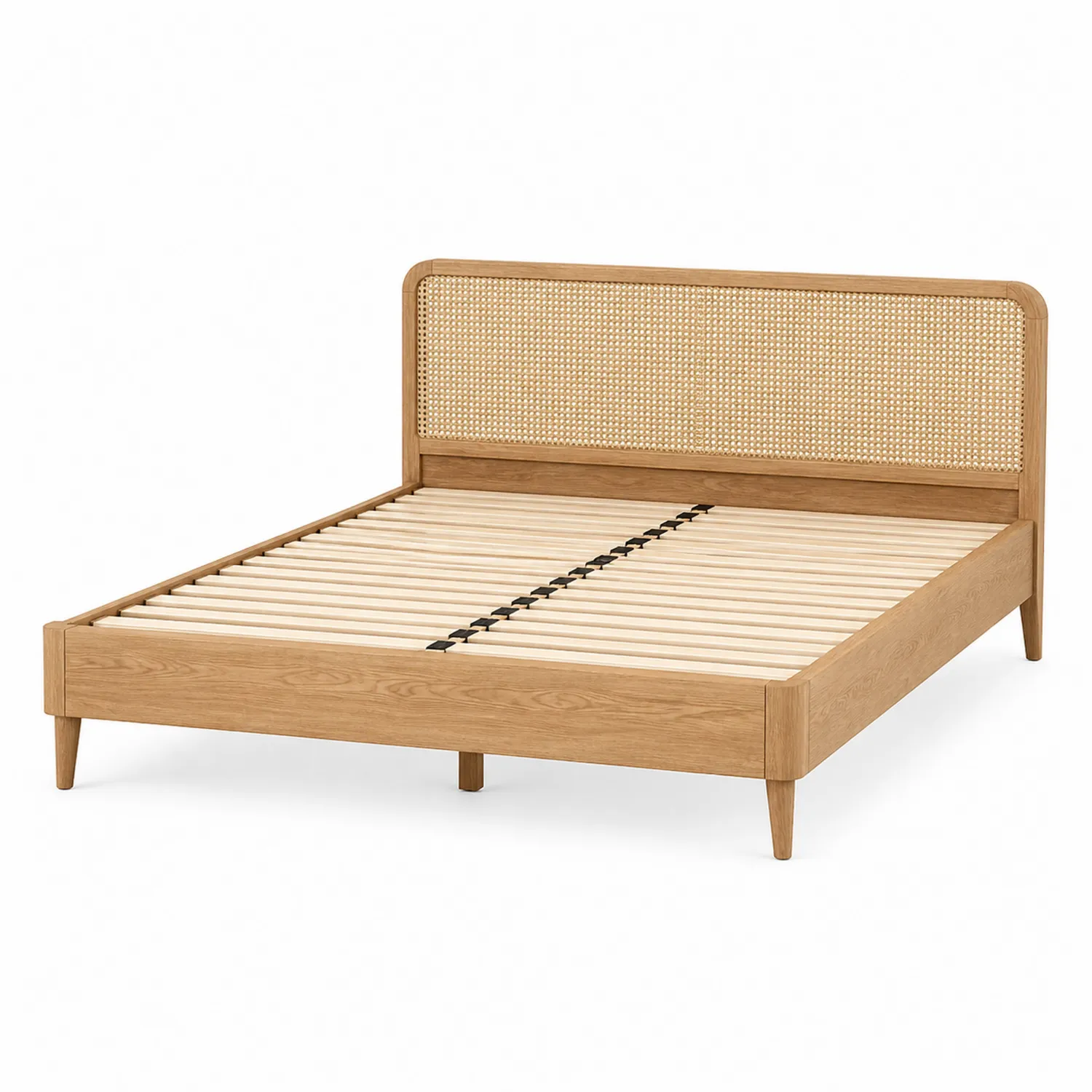 Lit double en bois avec tête de lit en rotin 200x160cm