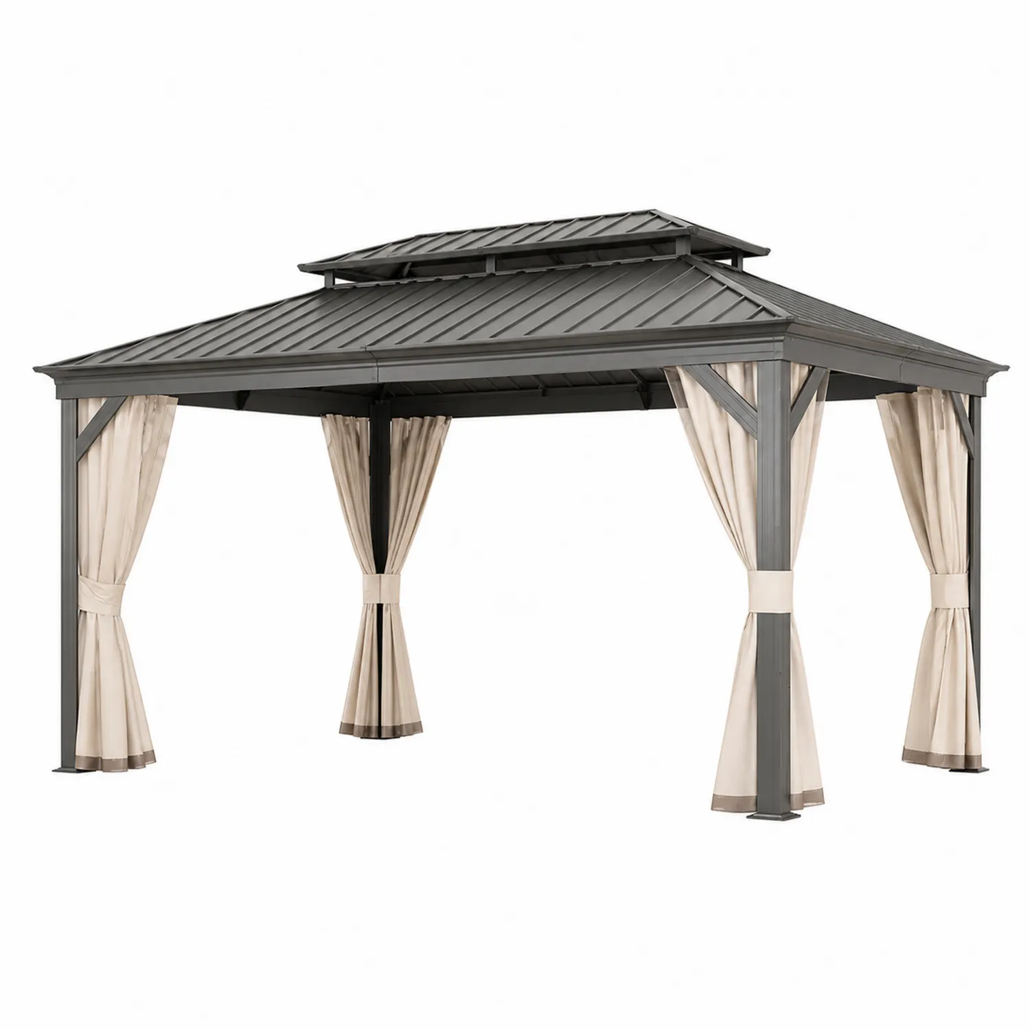 Pavillon de Jardin en Métal avec Rideaux Acier Gris et Polyester Beige 3x4m