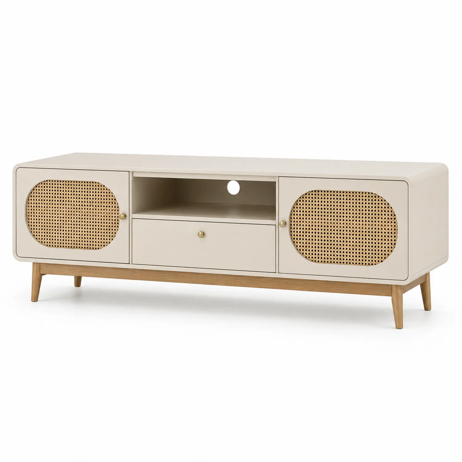 Meuble TV en chêne avec portes en rotin 140x50x40 cm Beige