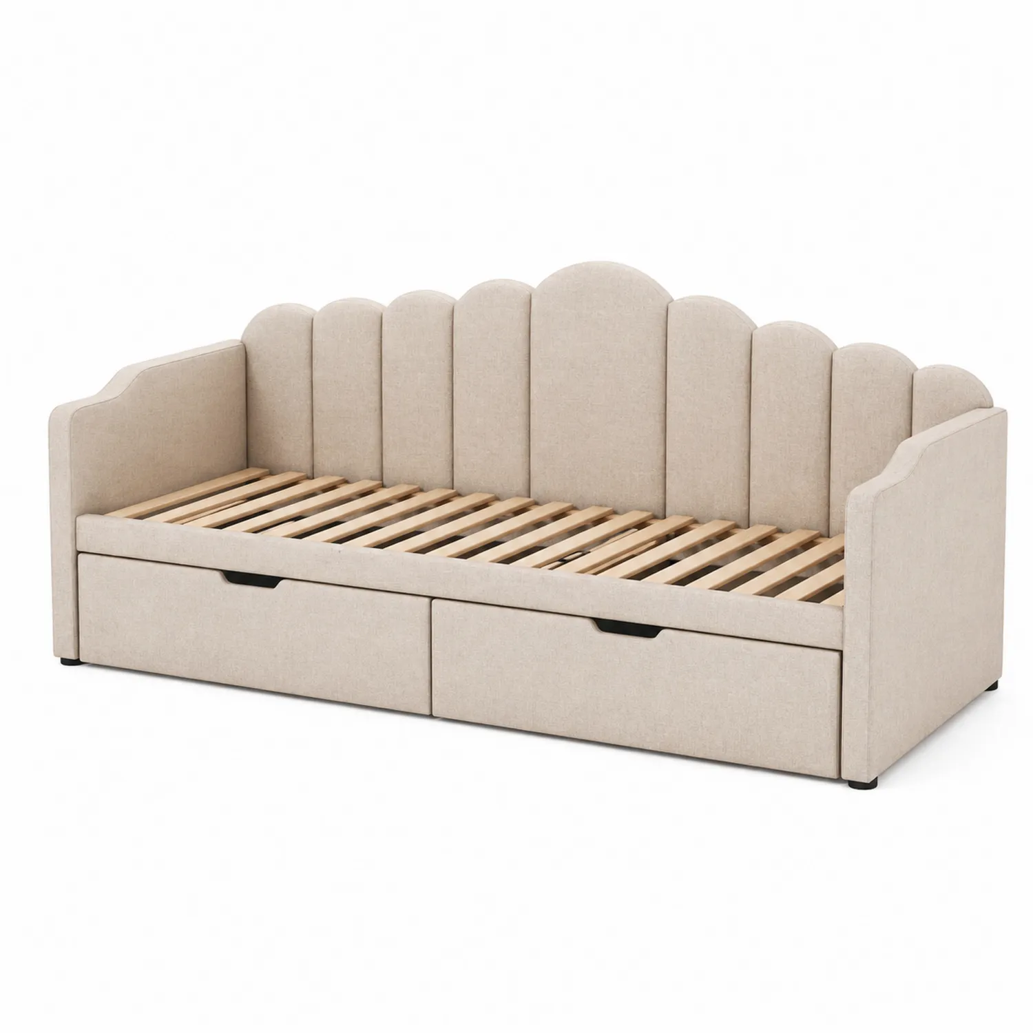 Lit de jour en bois et tissu avec deux tiroirs