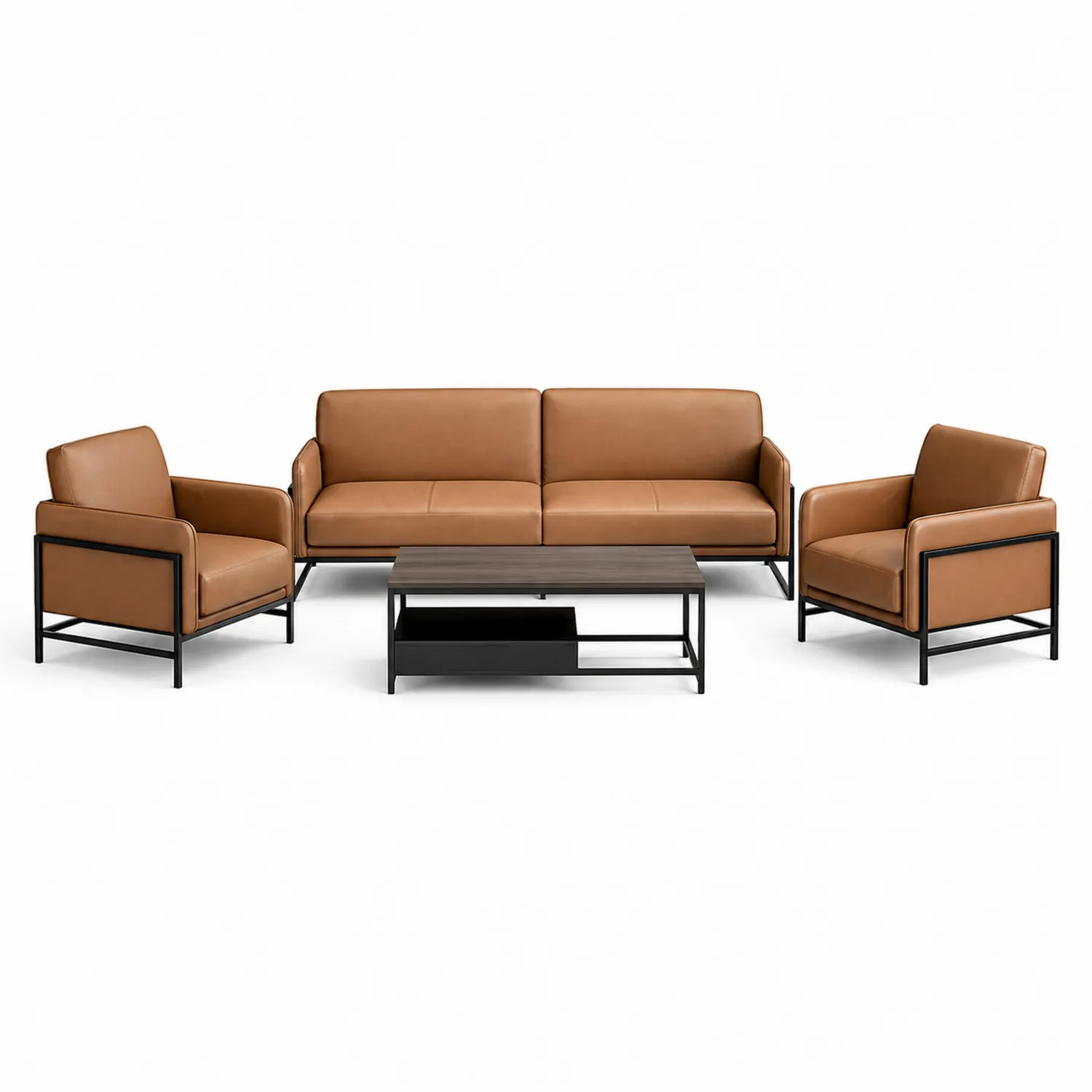 Ensemble de canapé et fauteuils cuir avec table basse bois et métal