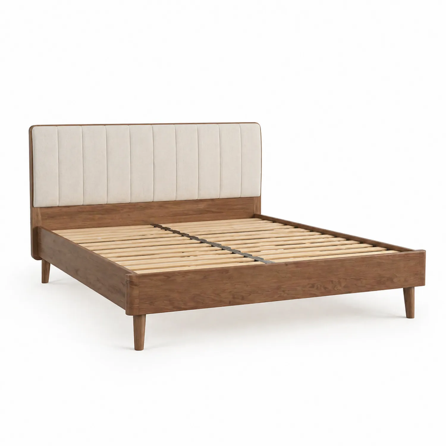 Lit double en bois avec tête de lit rembourrée, 200 cm x 160 cm, Chêne clair et Beige
