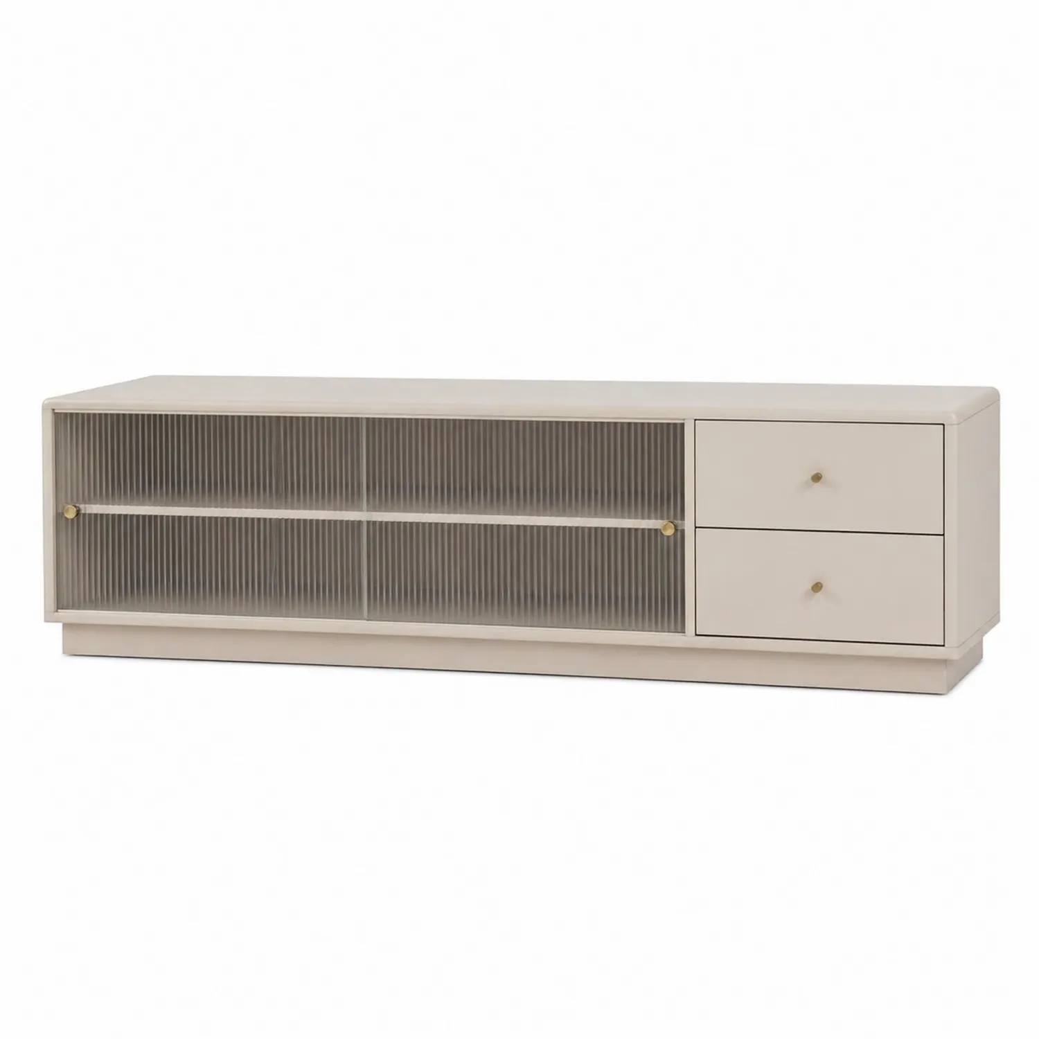 Meuble TV en bois avec portes en verre cannelé et tiroirs beige