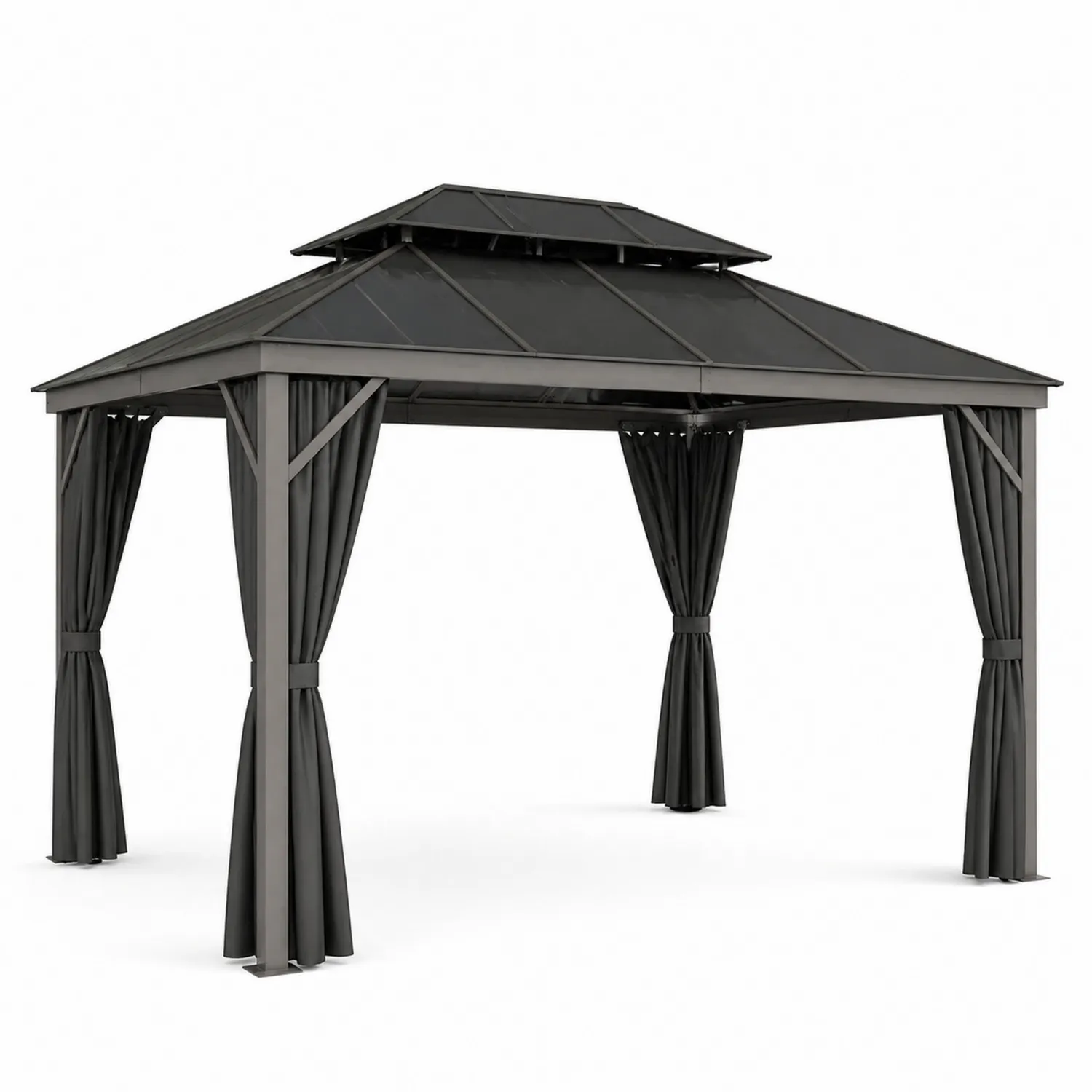 Pavillon en métal avec toit en polycarbonate et rideaux 300x300x270 cm Gris foncé