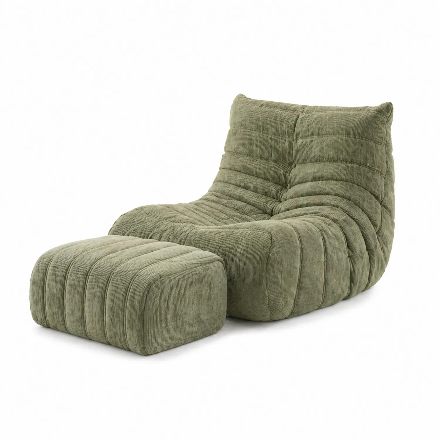 Fauteuil en velours côtelé vert avec pouf