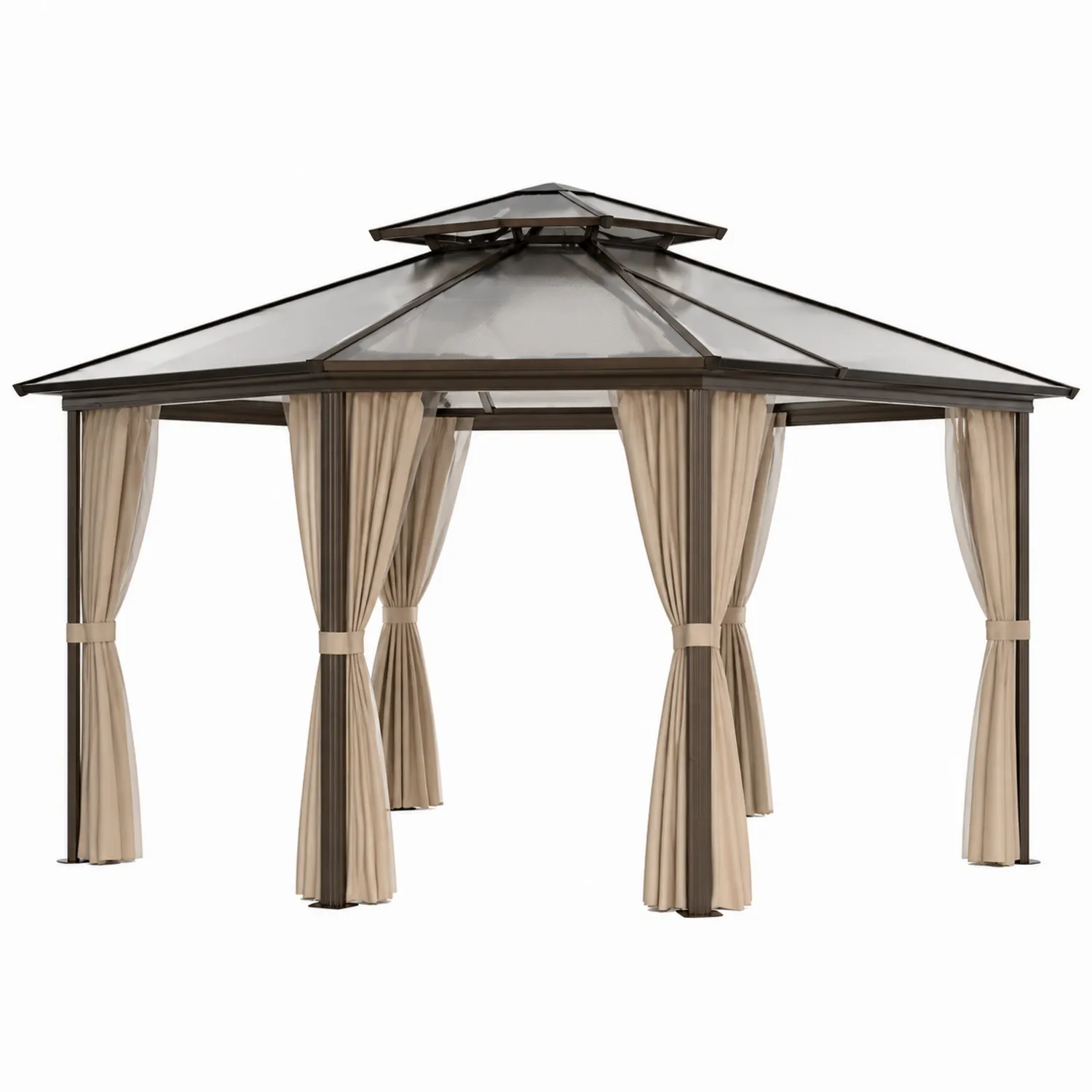 Pavillon de jardin en aluminium avec toit en polycarbonate et rideaux en polyester 3x4m Marron