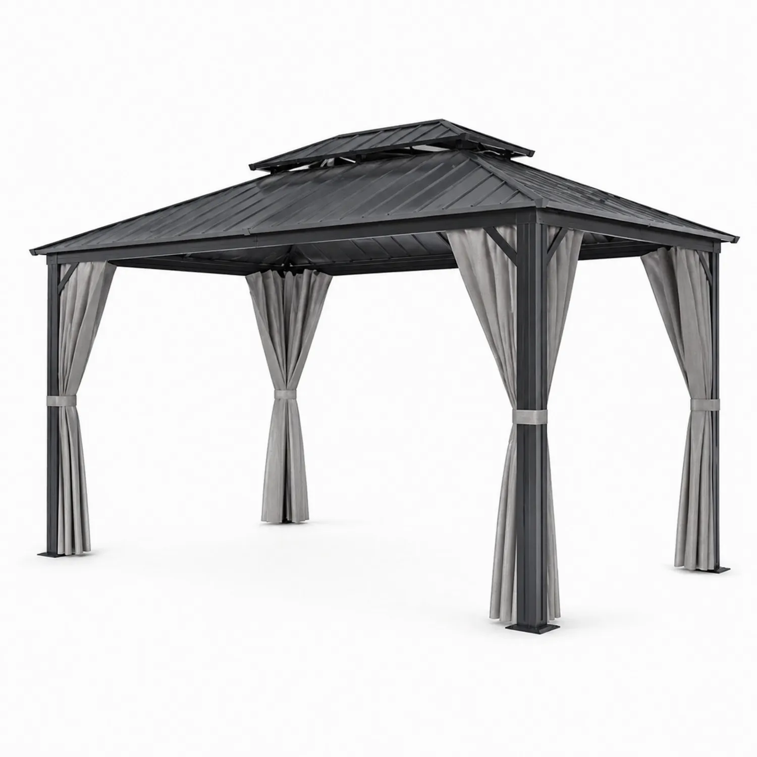 Pavillon de jardin en aluminium avec toit en acier avec rideaux en polyester gris