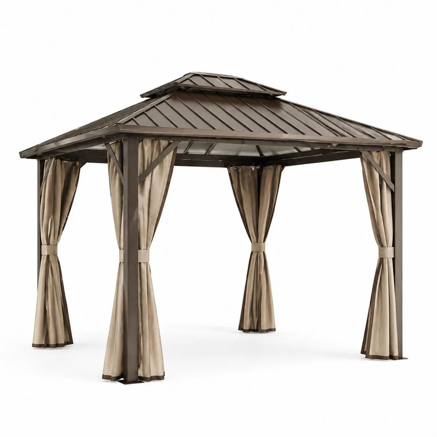 Tonnelle en aluminium avec toit en acier et rideaux en polyester marron/beige