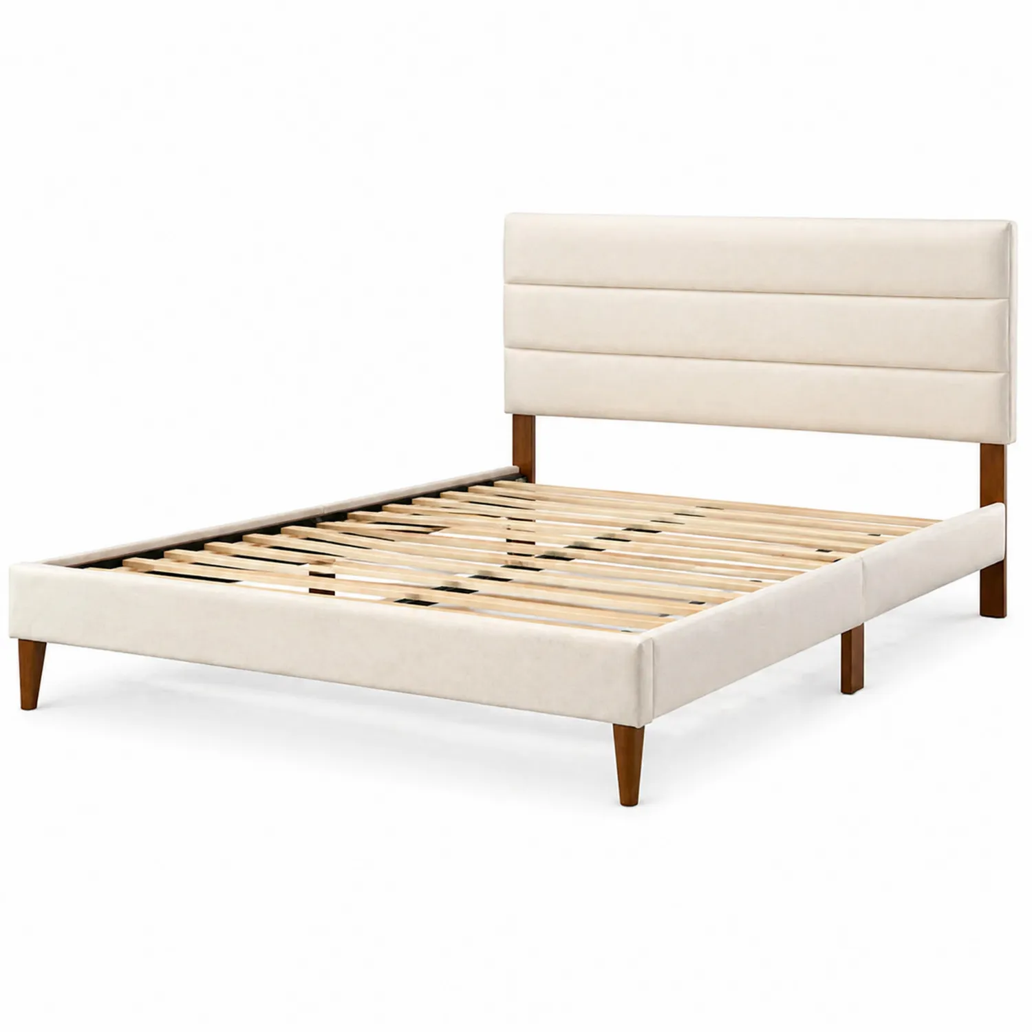 Lit double en bois et tissu crème