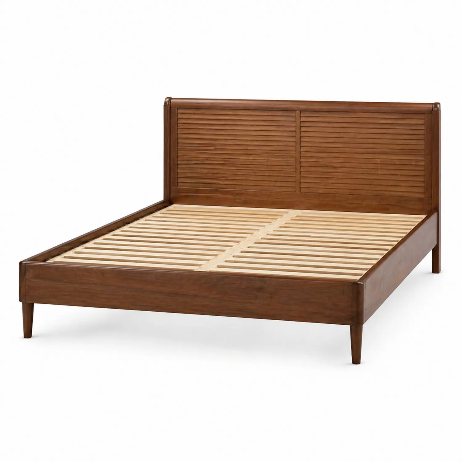 Lit double en bois avec tête de lit à lamelles 140x190 cm Noyer