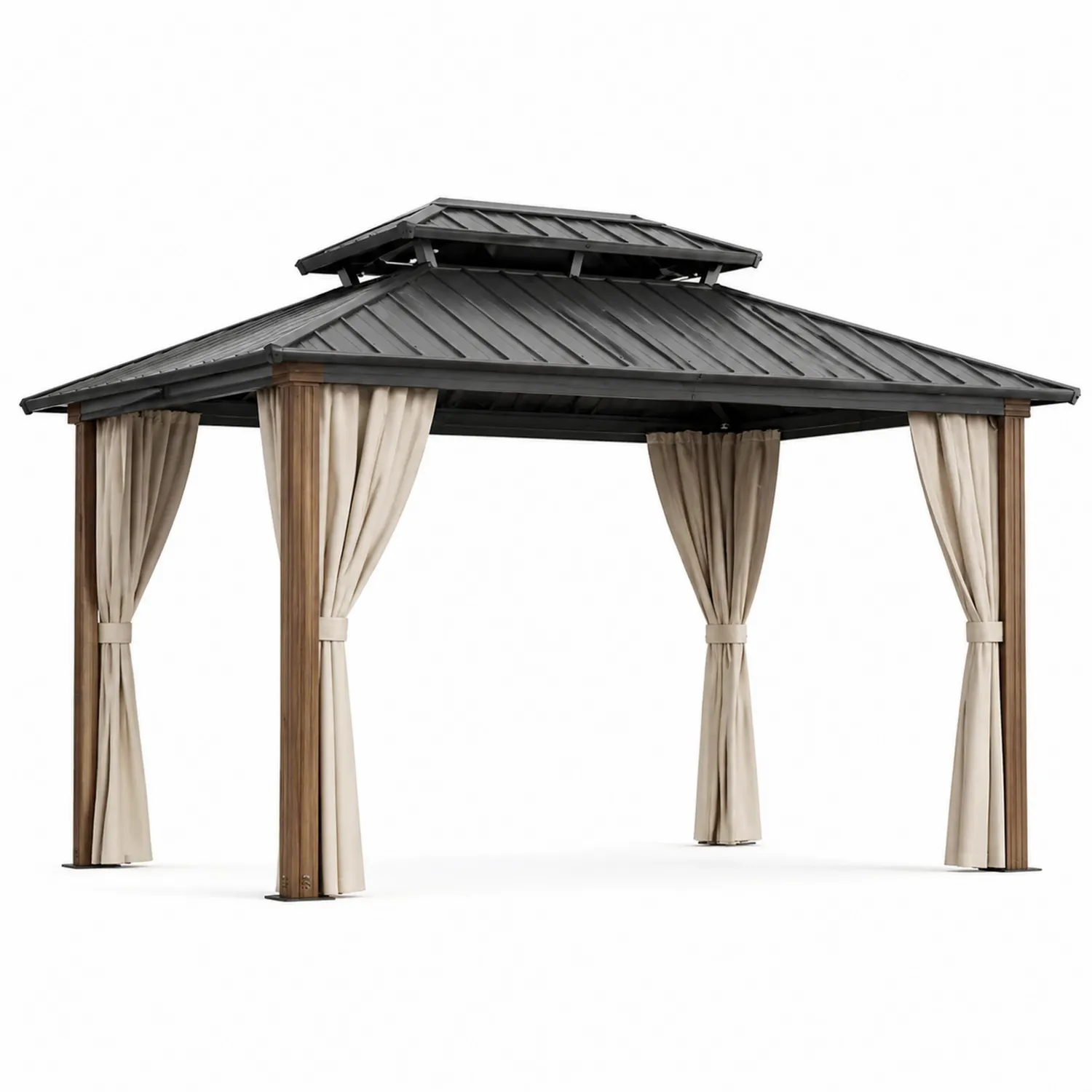 Pavillon extérieur en métal avec rideaux en polyester 400x300x270 cm Noir/Beige