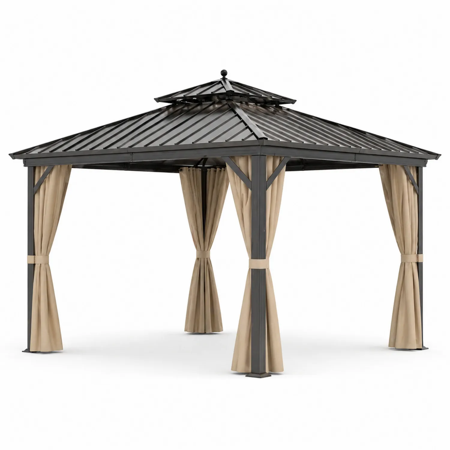 Pavillon en Aluminium avec Toit en Acier et Rideaux en Polyester 3x3 m Gris et Beige