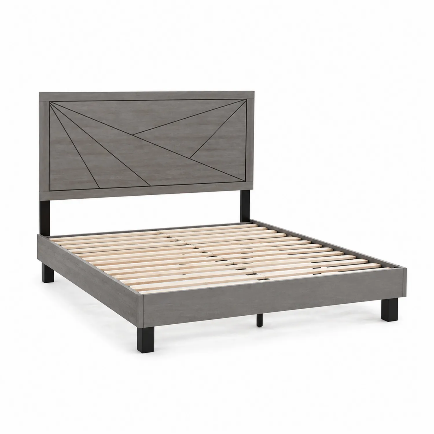 Lit double en bois et métal avec tête de lit géométrique 200x160 cm Gris