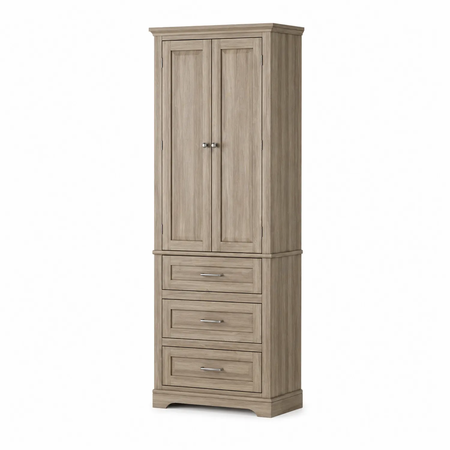 Armoire haute en bois composite avec 3 tiroirs et 2 portes chêne clair