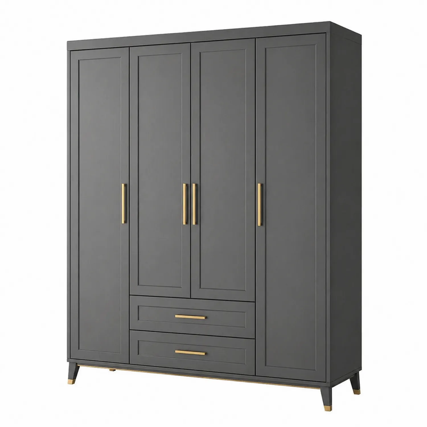Armoire en MDF 4 Portes Gris avec Poignées Métal Doré