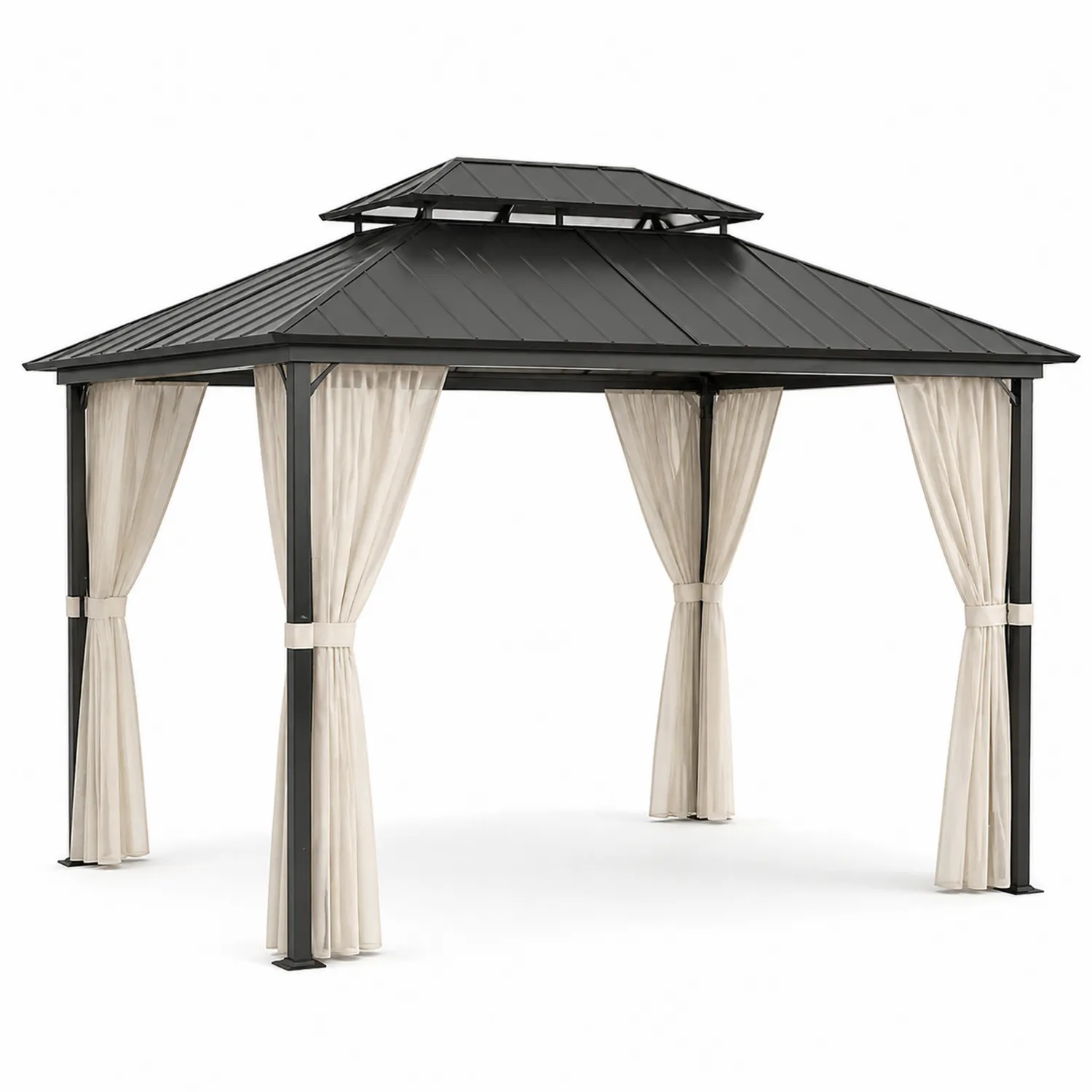 Pavillon en acier avec rideaux en polyester Noir/Beige 300x360x270 cm