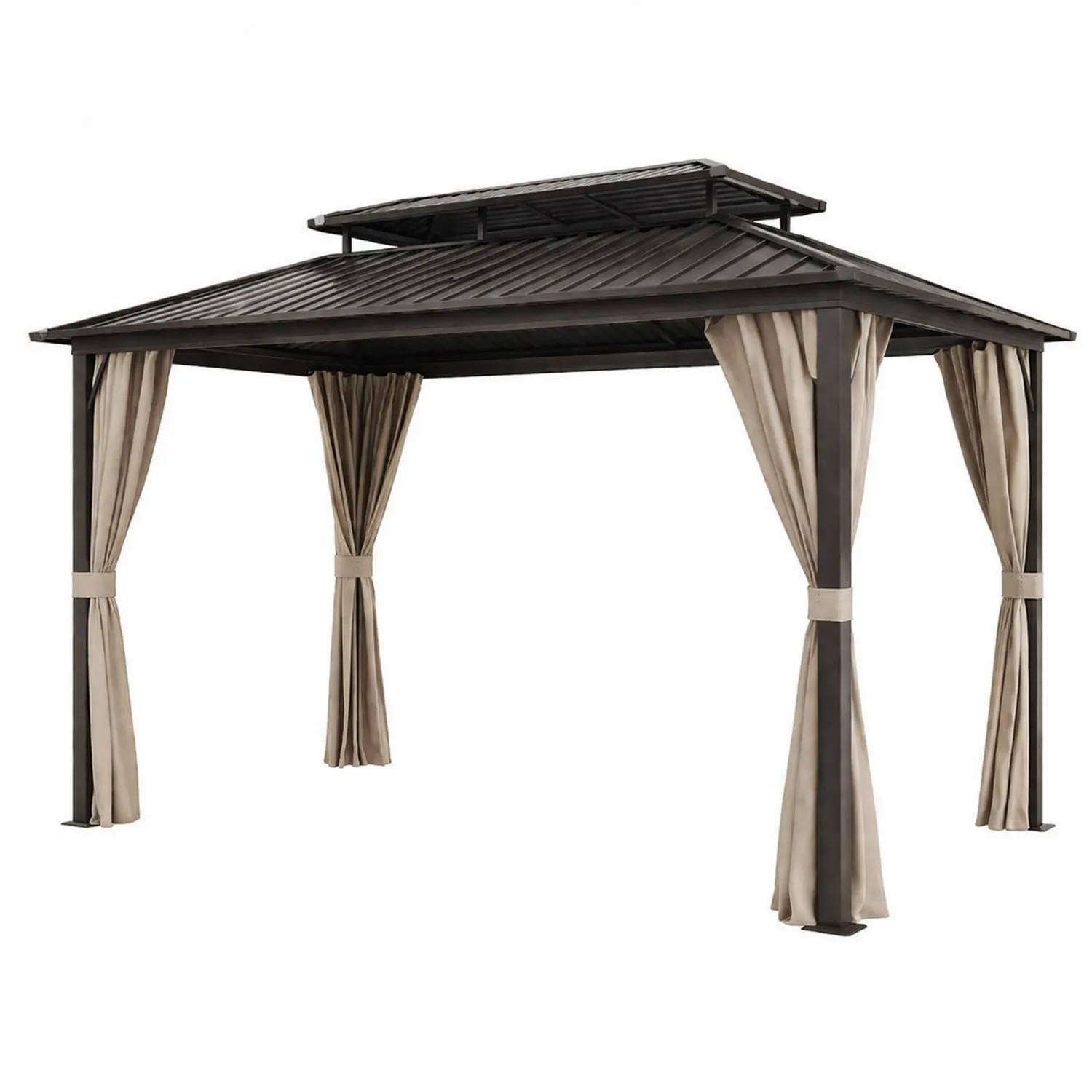 Pavillon extérieur acier avec toit métallique et rideaux beige 3x4m