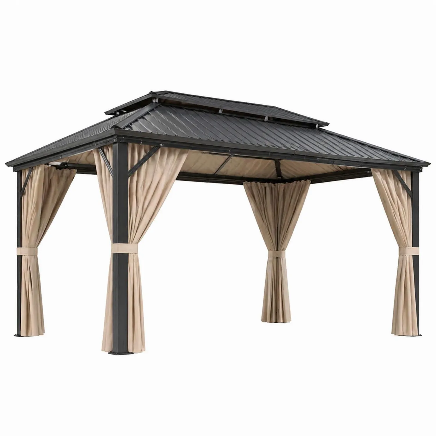 Pavillon de Jardin en Aluminium avec Toit en Acier et Rideaux en Polyester