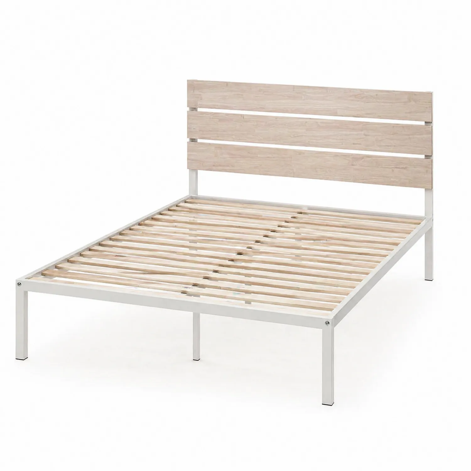Lit double en métal et bois clair avec tête de lit