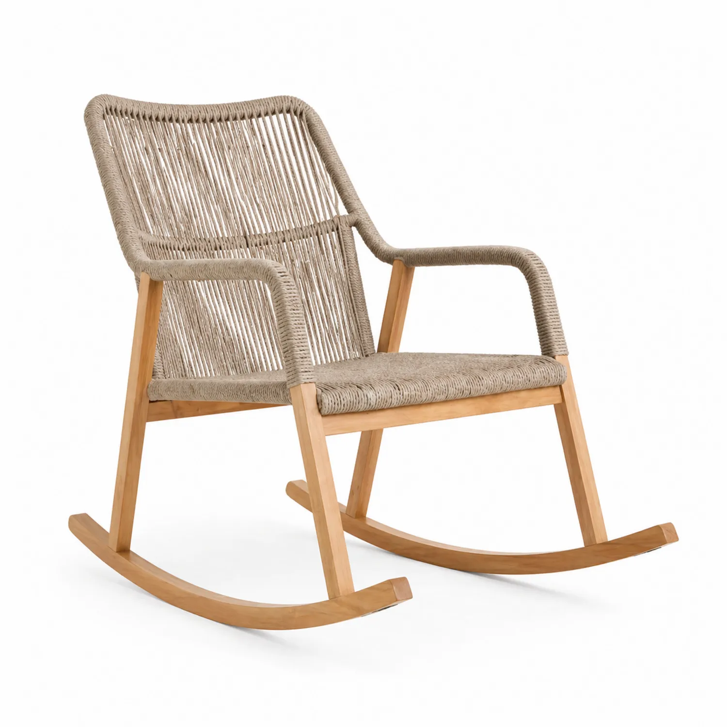 Chaise à bascule en bois et corde synthétique beige