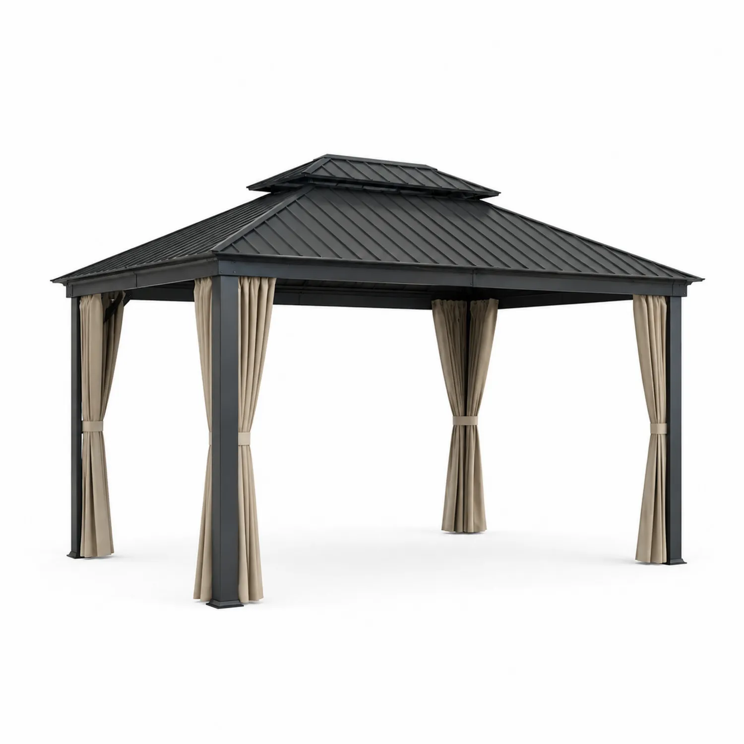 Pavillon de jardin en aluminium avec toit en acier et rideaux en polyester