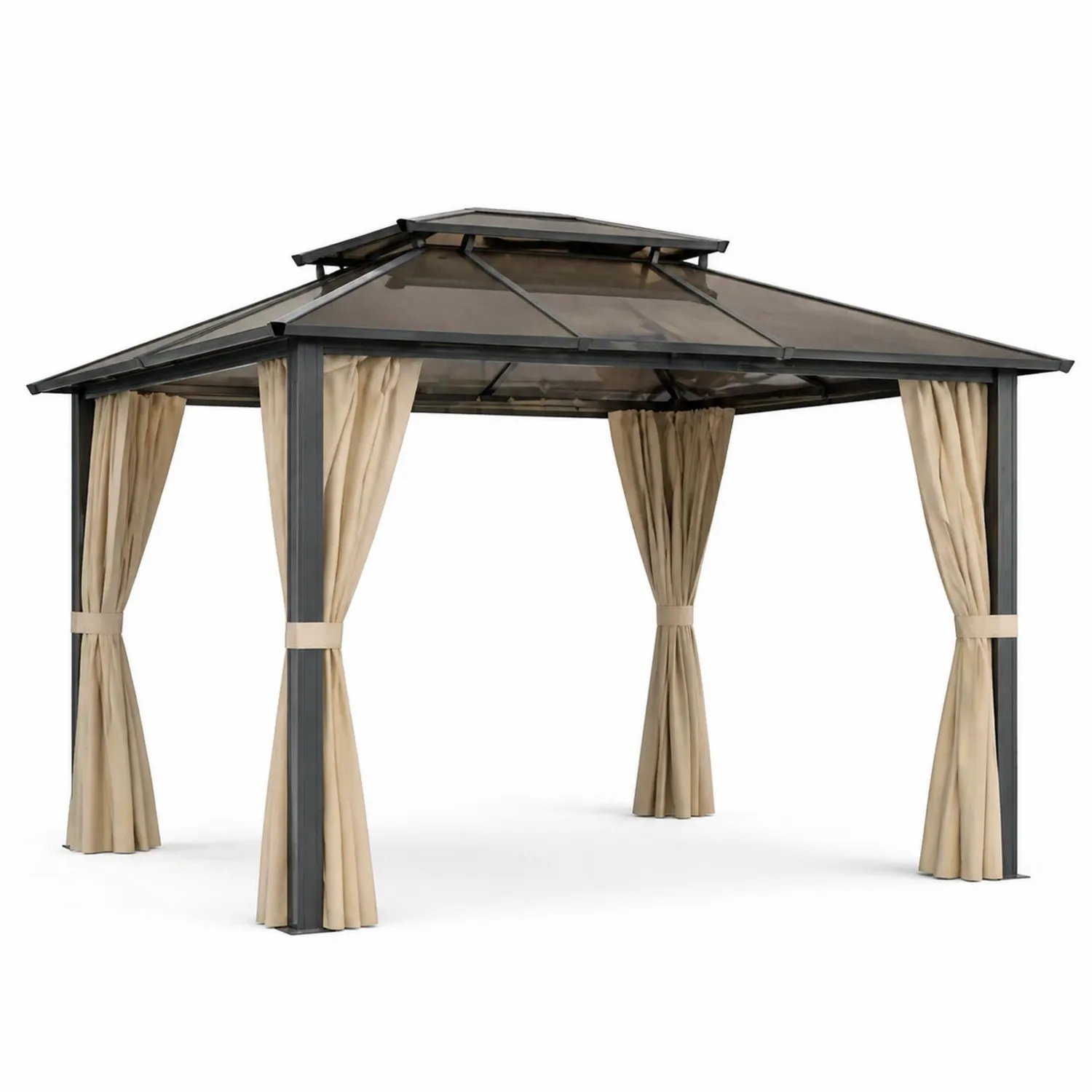 Pavillon de jardin en aluminium avec toit en polycarbonate et rideaux en polyester Beige