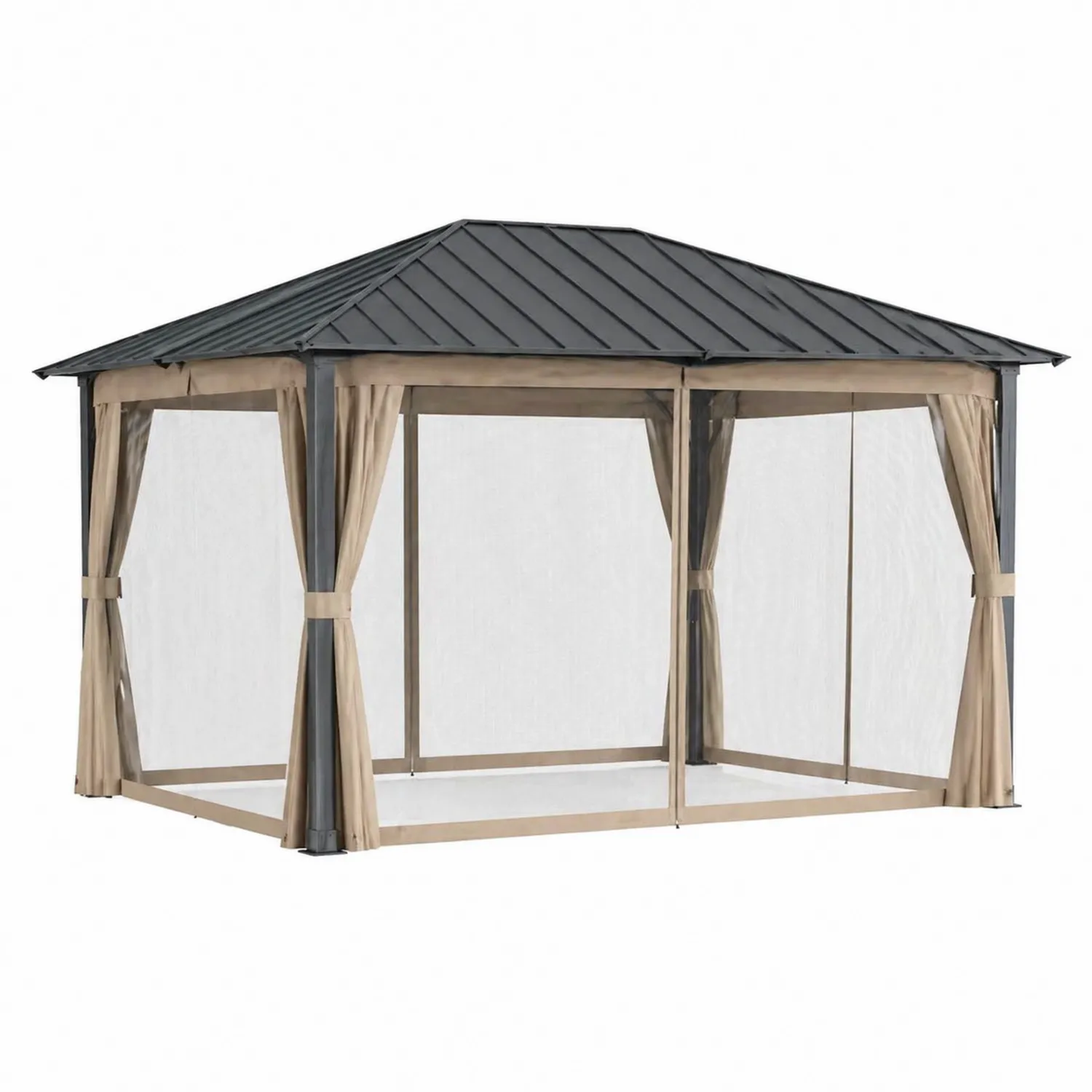 Pavillon de Jardin en Aluminium et Acier avec Toit en Métal Noir 300 cm x 400 cm Beige