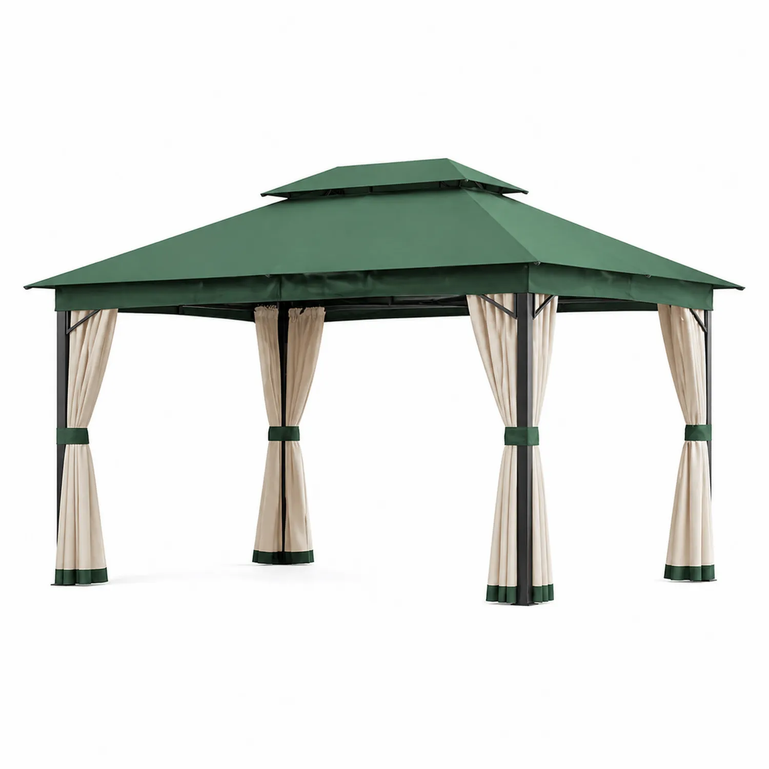 Tonnelle de jardin en acier et polyester vert avec rideaux 3x3m