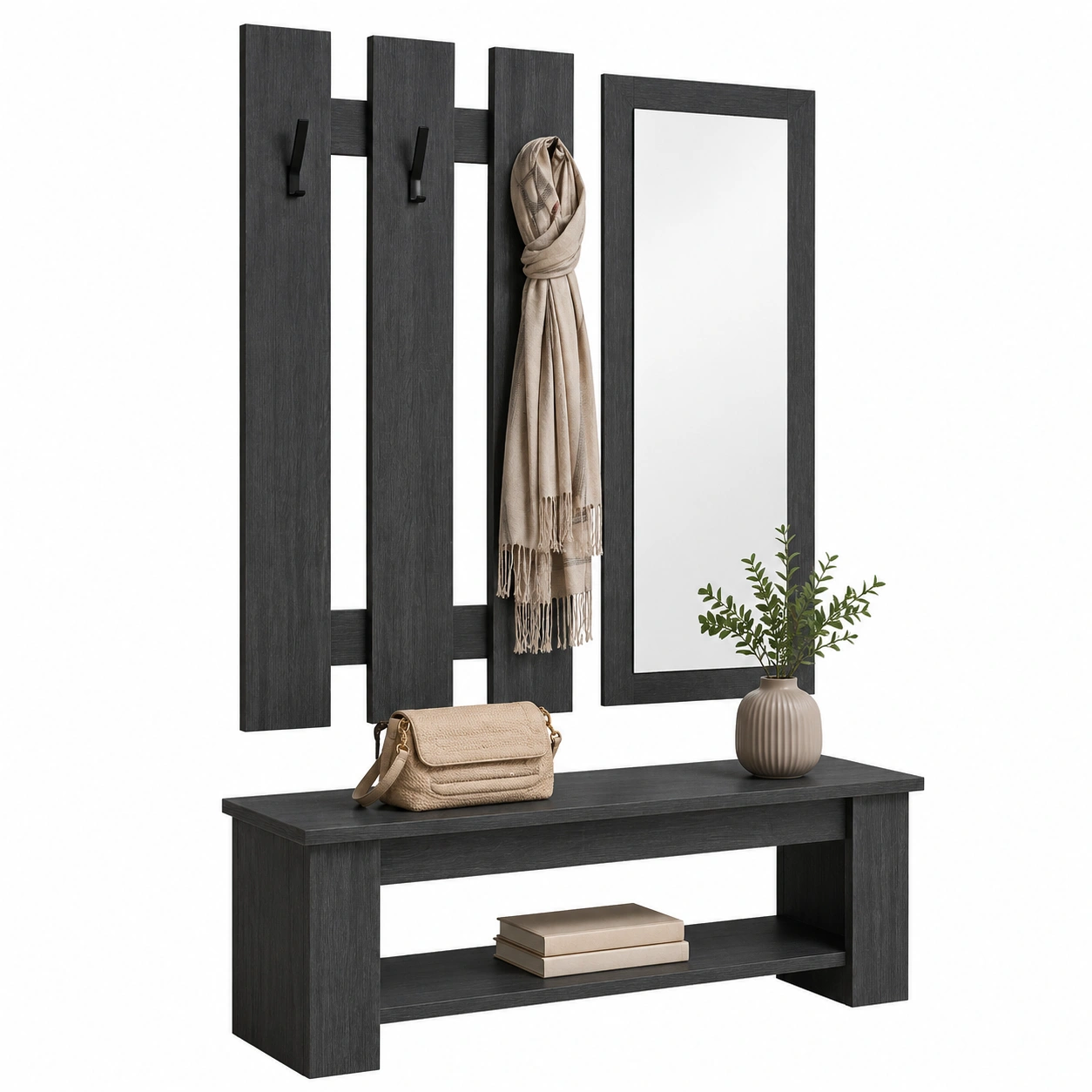 Garderoben-Set Modern Holzoptik Dunkelgrau mit Spiegel und Sitzbank (90x33x154 cm)-orderzaro