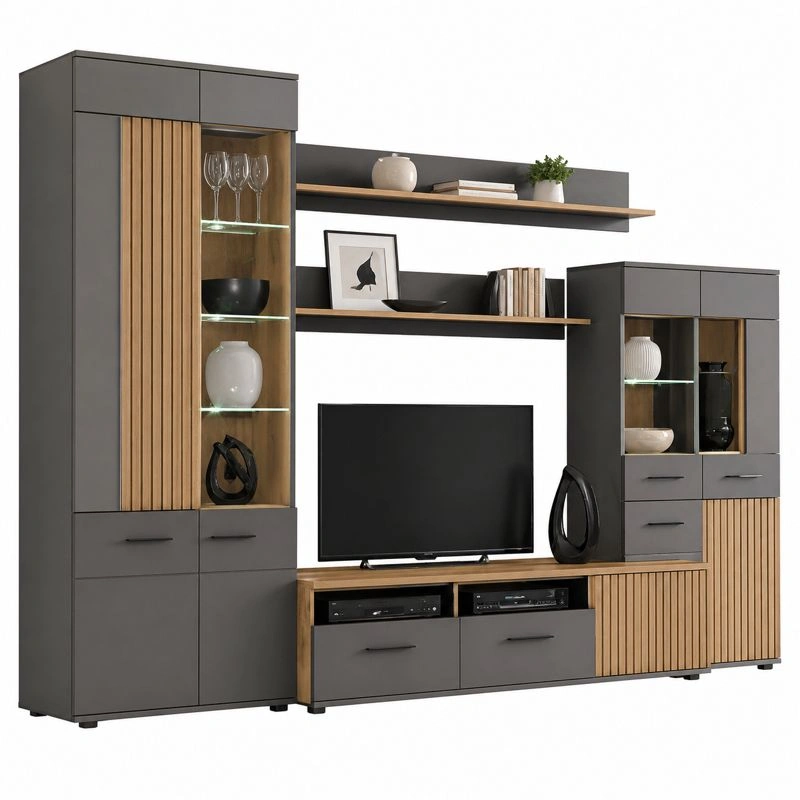 Moderne Wohnwand mit TV Lowboard Vitrine Regale Stauraum Anthrazit Eiche Optik 320x207x52 cm-orderzaro