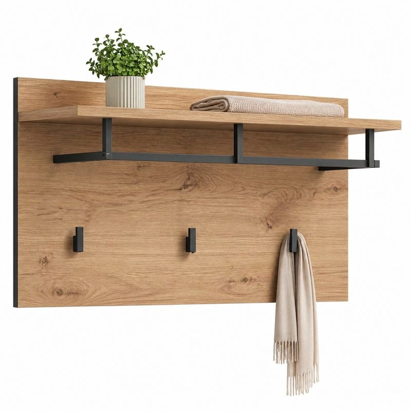 Garderobenpaneel mit Ablage und Haken Modern Holzoptik Schwarz Metall 90x40x30 cm-orderzaro