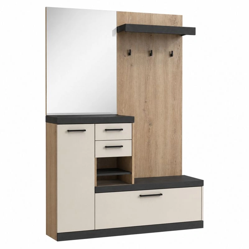 Garderoben Set mit Sitzbank, Spiegel und Stauraum in Eiche Optik und Grau-shoprenoza
