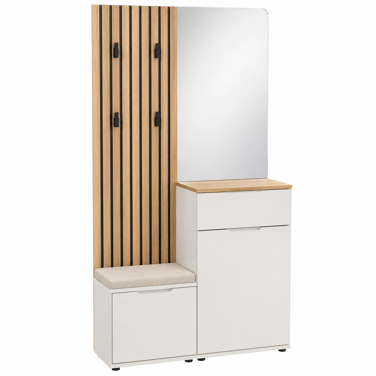 Moderne Garderobe in Weiß mit Holzlamellen und Spiegel, platzsparendes Flurm?bel-shoprenoza